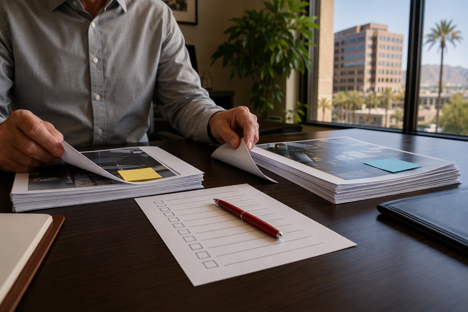 Property manager comparing two elevator service contract proposals side by side at a desk, evaluating coverage terms and pricing for renewal negotiation in Scottsdale AZ