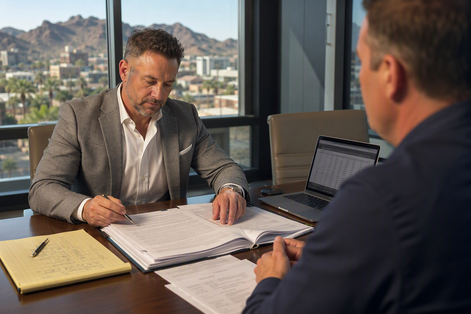 Building owner negotiating elevator service contract renewal terms at a conference table in a Phoenix AZ office, reviewing printed contract documents