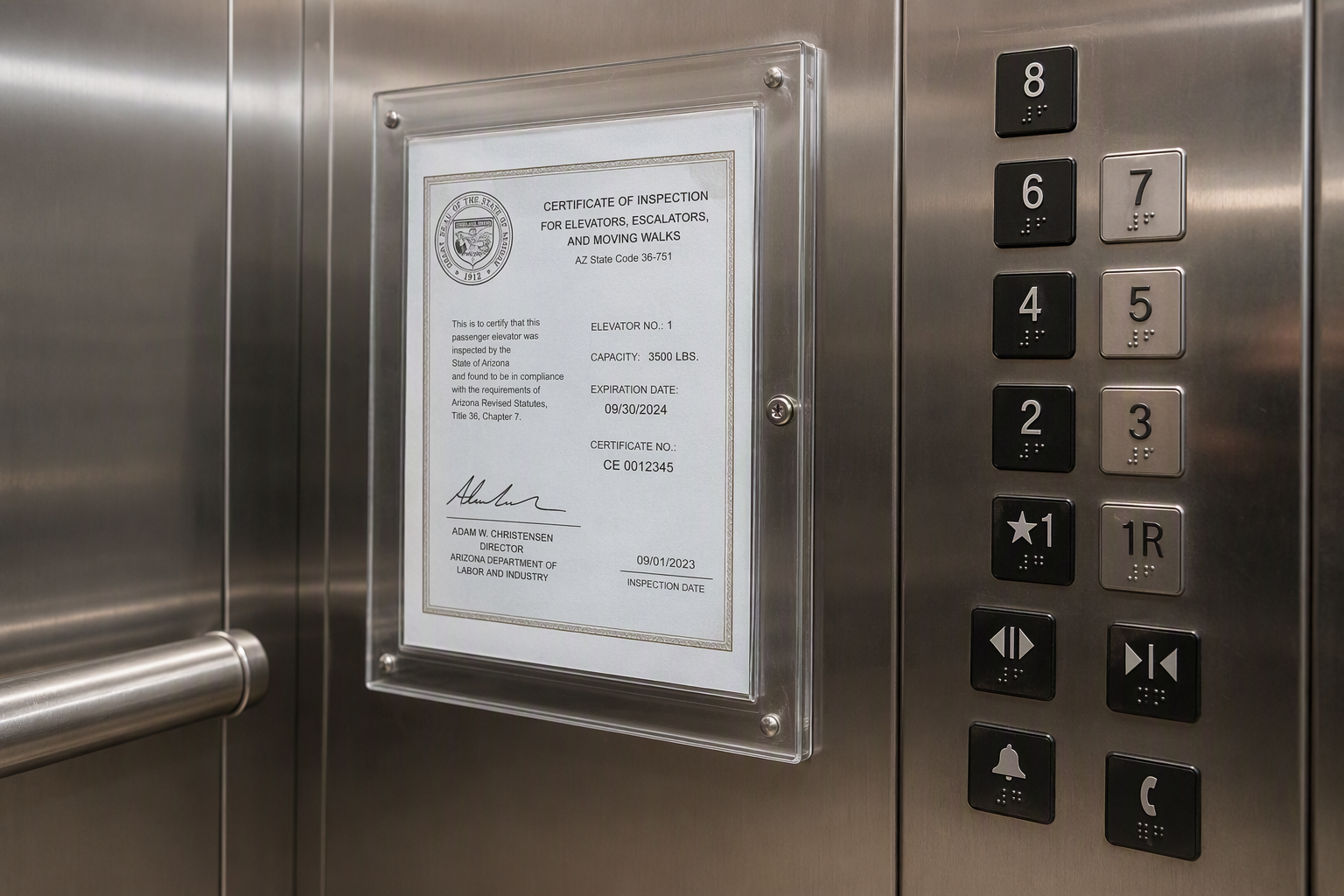 Arizona ADOSH elevator inspection certificate displayed inside a healthcare facility elevator cab alongside ADA-compliant tactile button panel