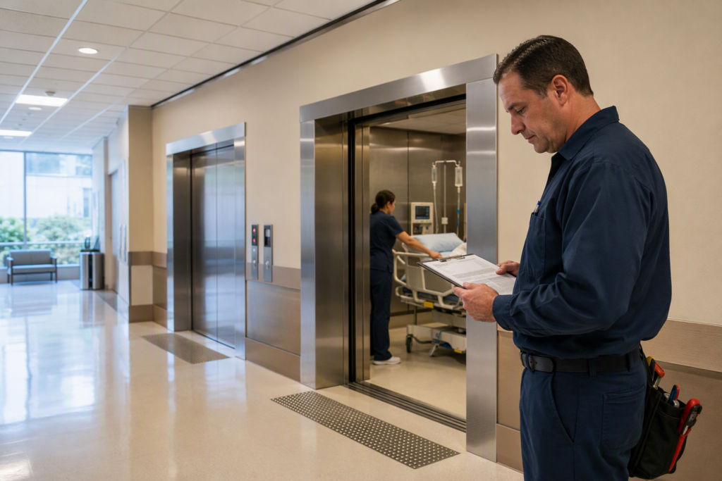 Elevator technician reviewing maintenance log outside hospital elevator doors in Arizona healthcare facility, ensuring compliance with ASME A17.1 standards
