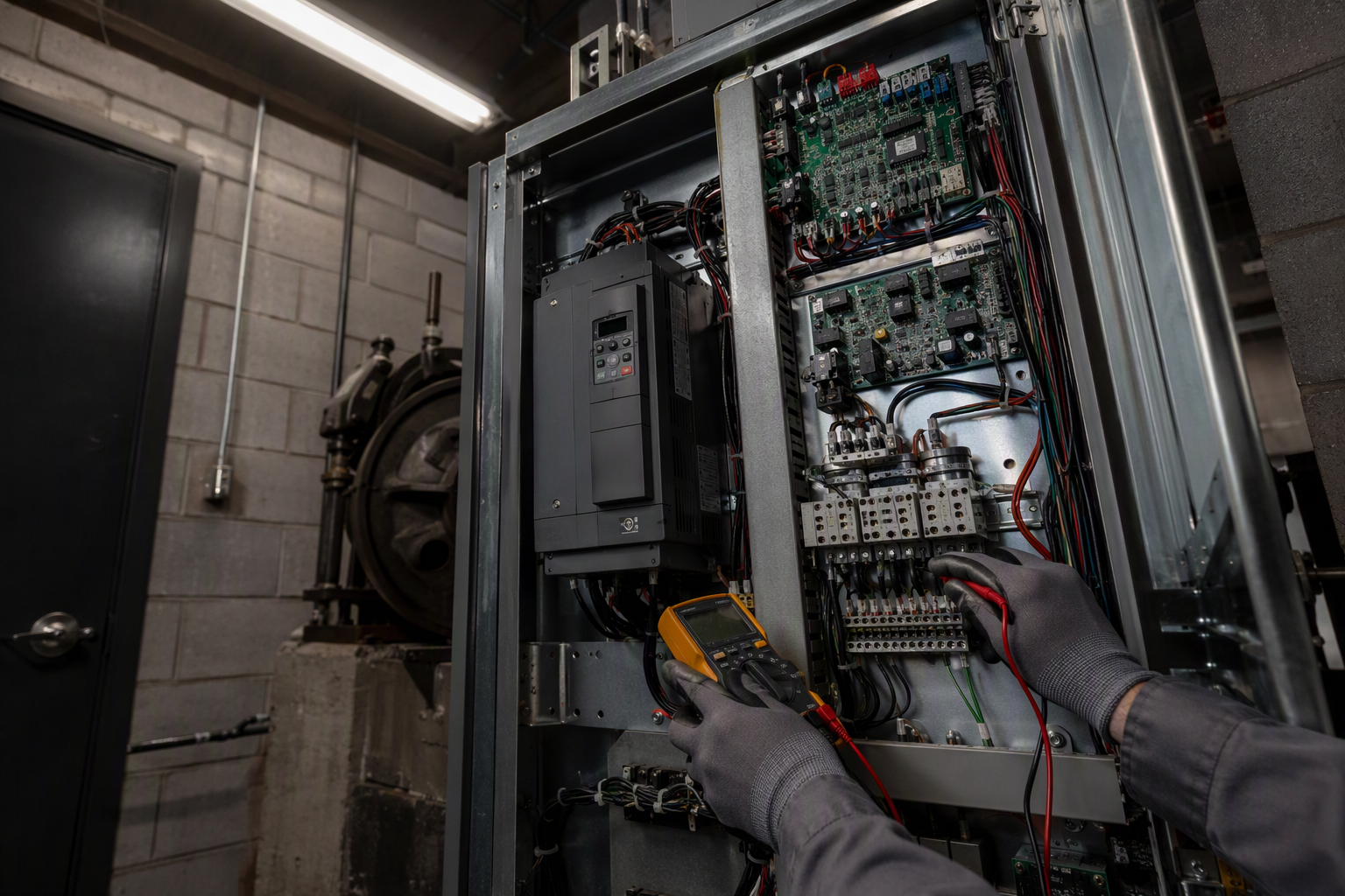 Elevator technician testing machine room controller with multimeter during preventive maintenance inspection at an Arizona healthcare facility