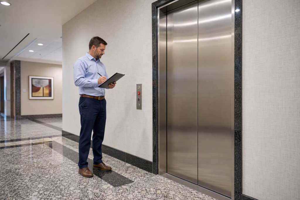 Building manager reviewing elevator troubleshooting checklist in a Phoenix AZ commercial office building lobby before calling a certified elevator technician