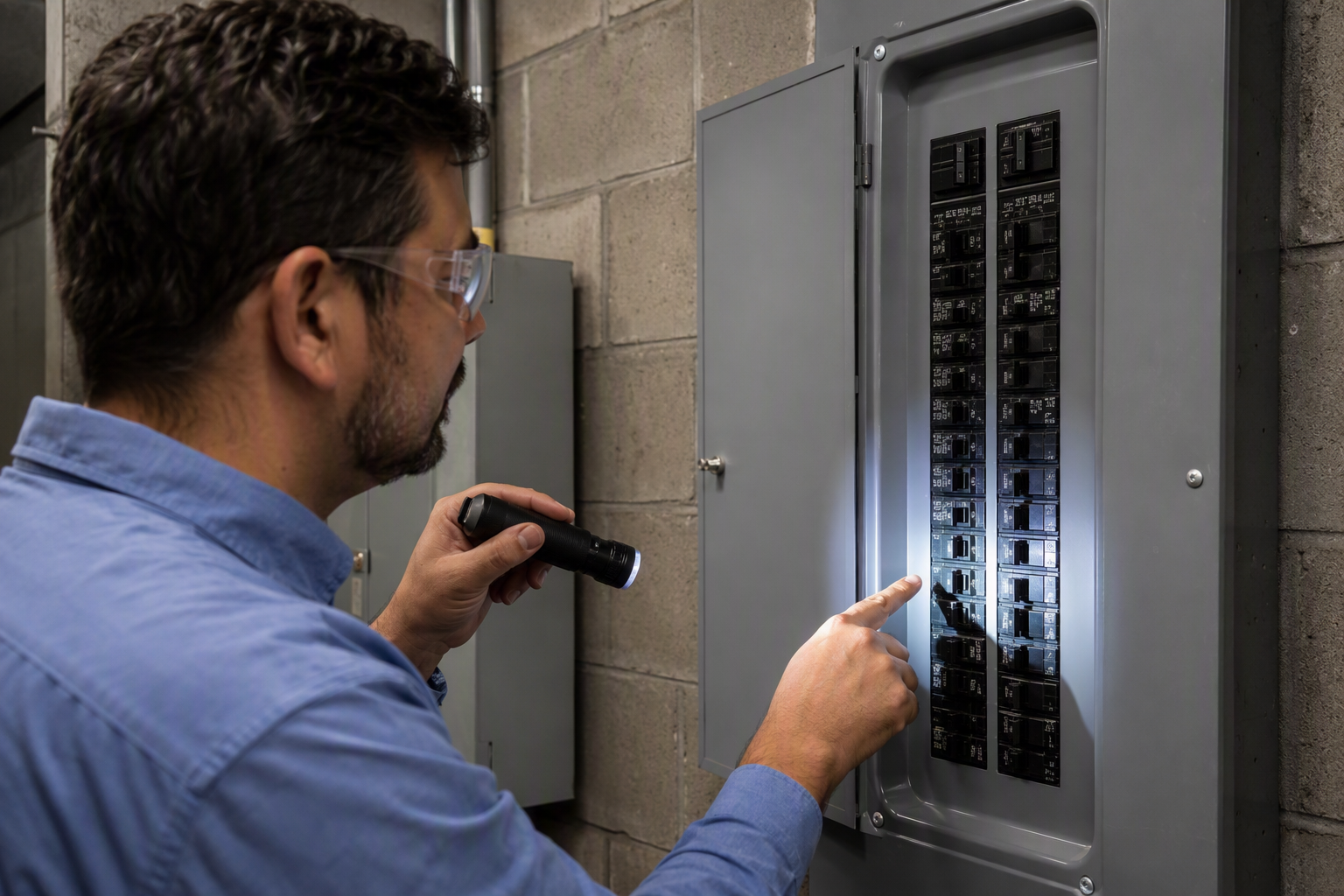 Building maintenance staff inspecting elevator circuit breaker panel in a Phoenix AZ utility room as a safe troubleshooting step before calling a licensed elevator technician