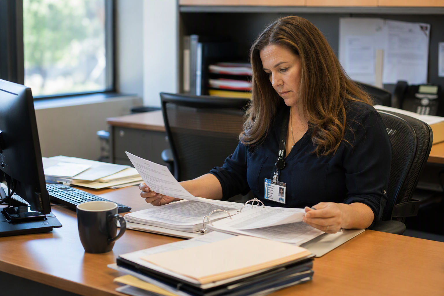 Scottsdale AHJ building department official reviewing an elevator inspection deficiency report and ASME code binder at a municipal office desk in Arizona.
