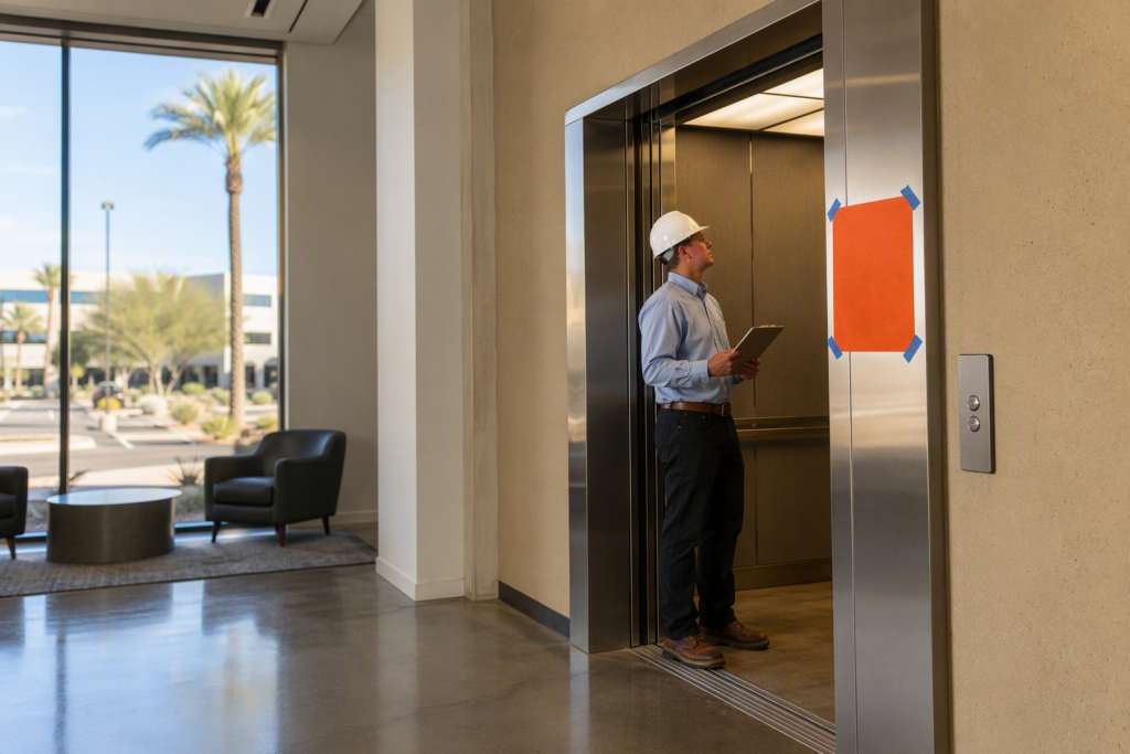Arizona elevator inspector posting an out-of-service order on a commercial elevator door after a failed inspection in a Phoenix office building lobby.