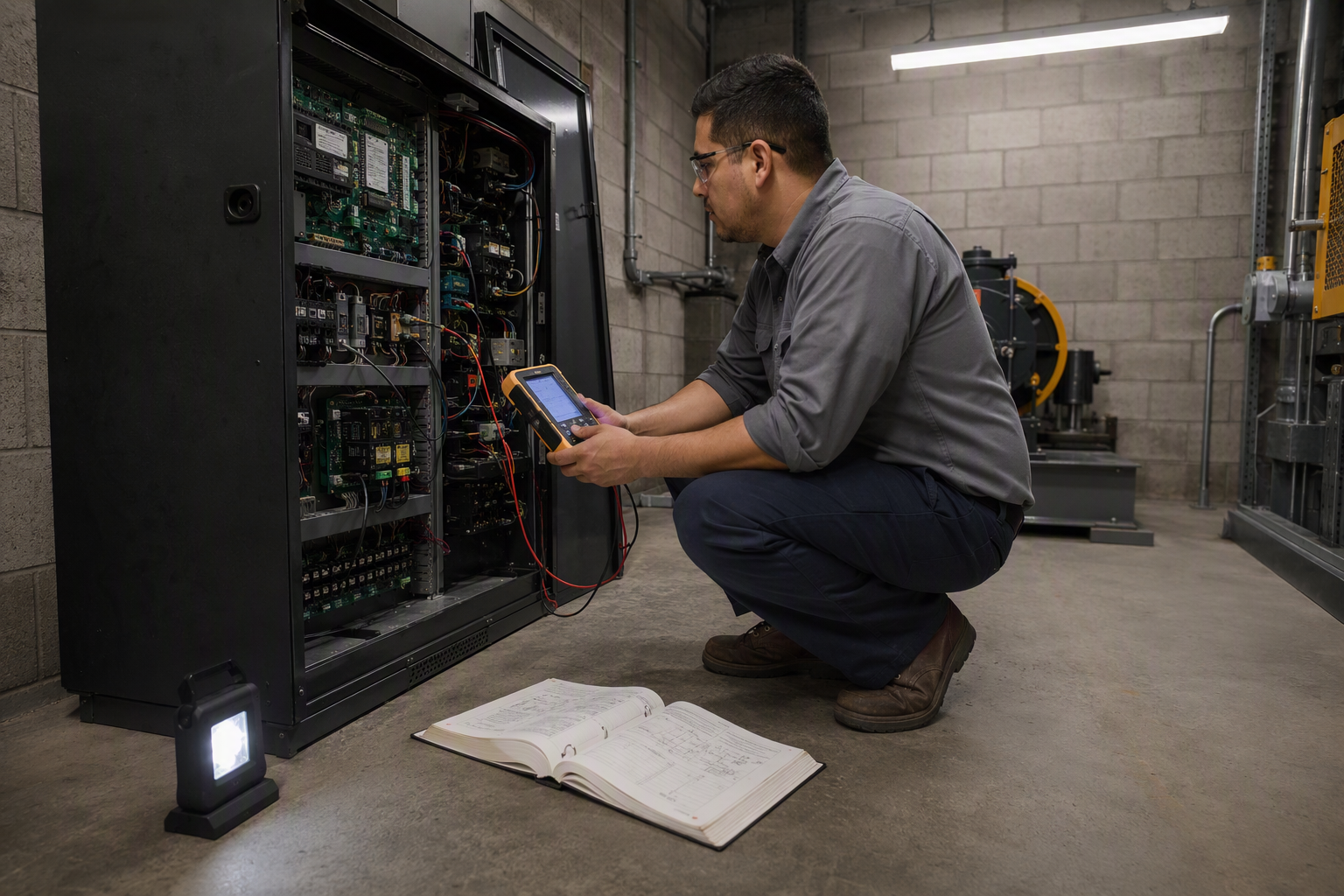 Licensed elevator mechanic diagnosing a controller fault in a Mesa Arizona elevator machine room to correct deficiencies cited during a failed safety inspection.