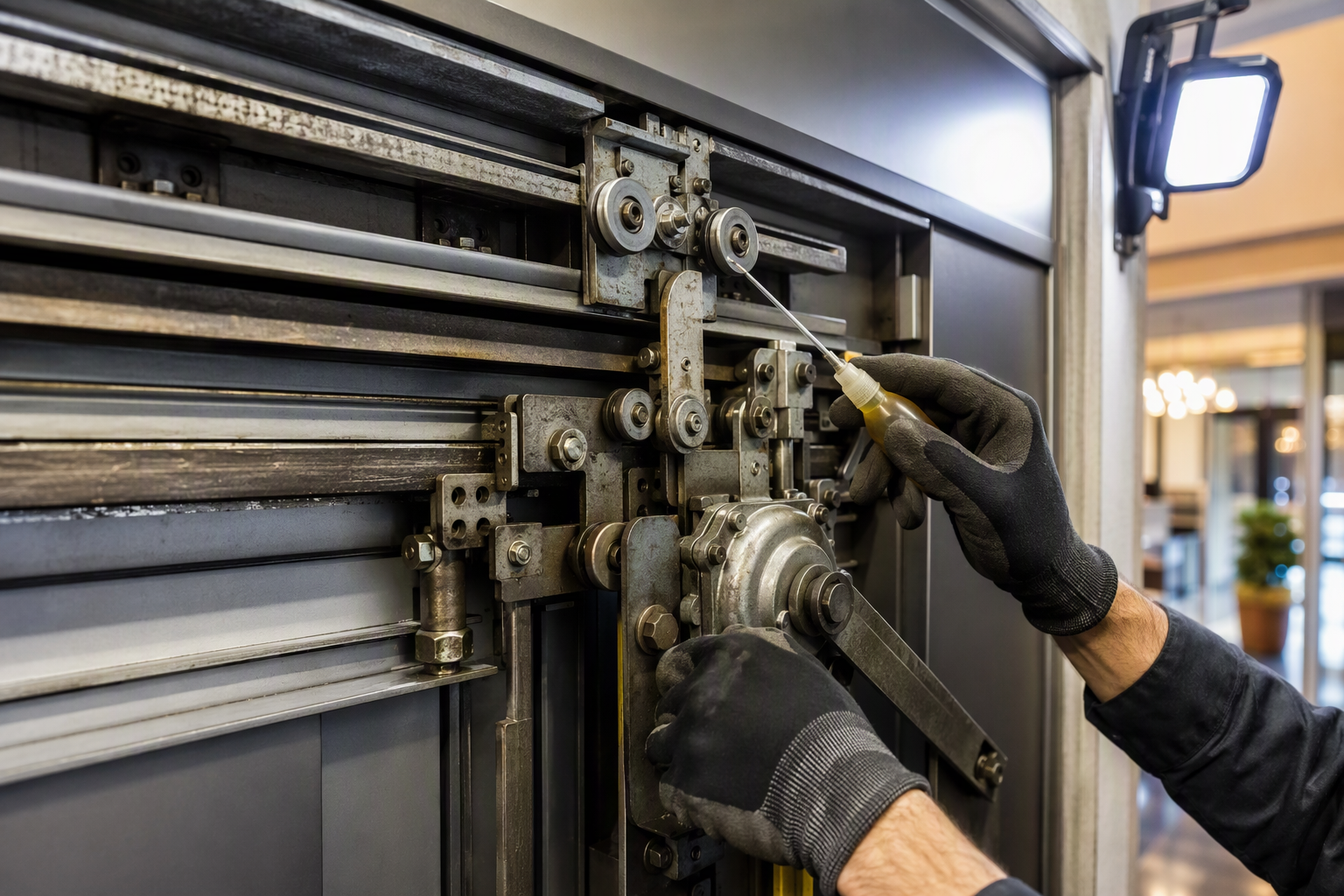 Close-up of elevator door operator lubrication during pre-winter maintenance inspection in a Scottsdale AZ commercial building to prevent door misalignment breakdowns