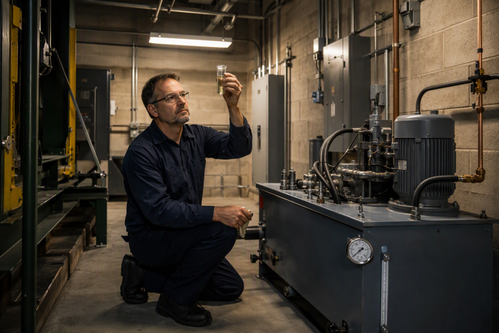 Elevator technician inspecting hydraulic fluid in a Phoenix AZ machine room as part of a pre-winter elevator maintenance checklist to prevent breakdowns