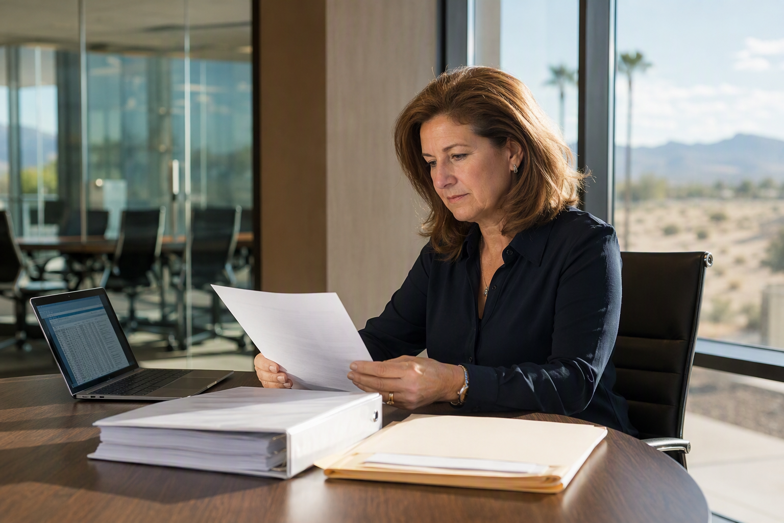 Facilities manager reviewing elevator maintenance compliance documentation and inspection certificates in a Mesa AZ office building ahead of Arizona winter season