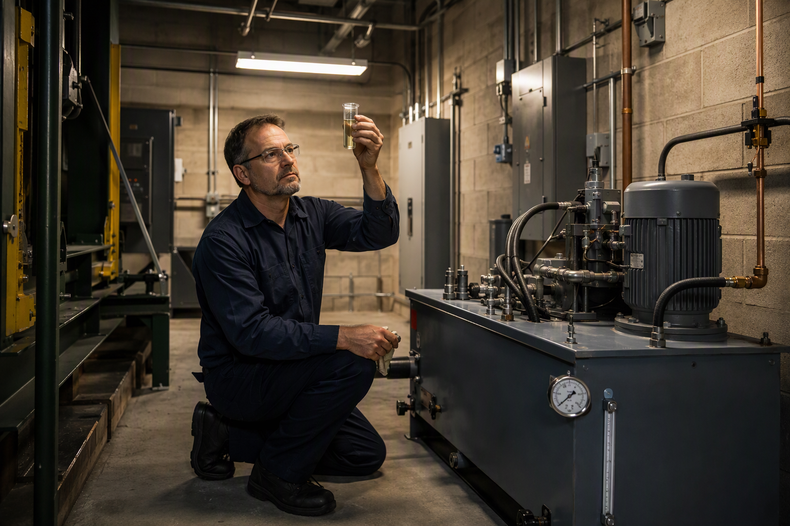 Elevator technician inspecting hydraulic fluid in a Phoenix AZ machine room as part of a pre-winter elevator maintenance checklist to prevent breakdowns