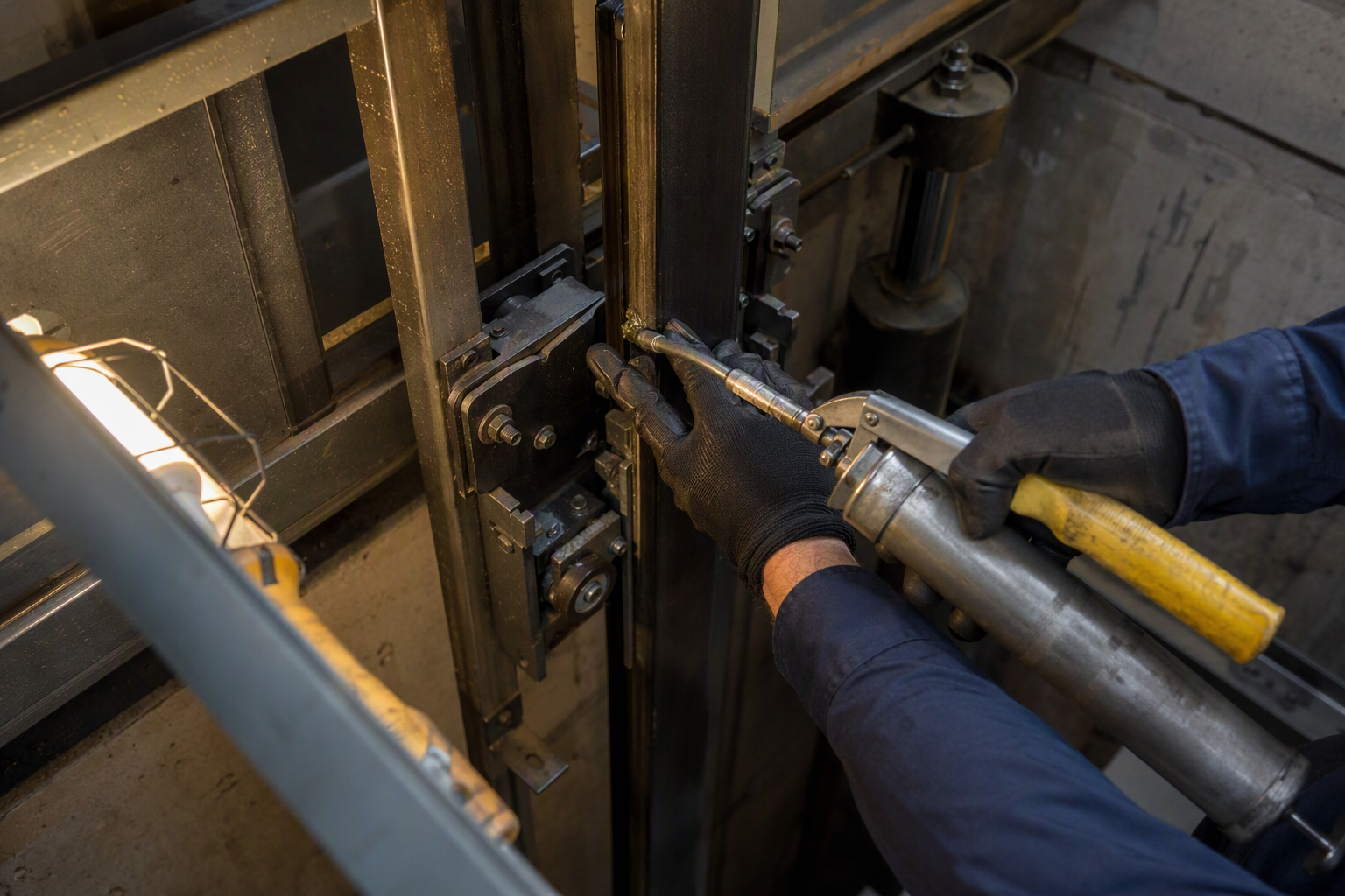 Elevator technician lubricating guide rails inside a commercial elevator pit in Scottsdale AZ, showing the hands-on work included in an oil and grease elevator contract.