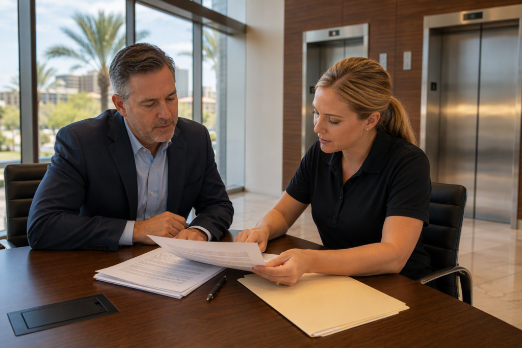 Building manager and elevator contractor reviewing a full maintenance elevator service contract in a Phoenix AZ commercial office lobby with elevator doors visible in background.