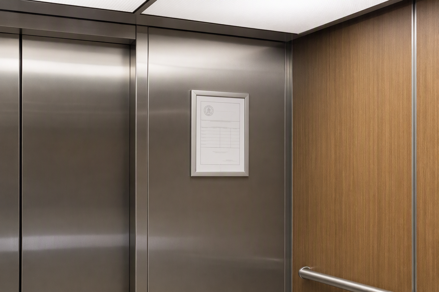 Arizona elevator Certificate of Operation displayed inside a commercial elevator cab in Phoenix, representing ADOSH compliance requirements that affect elevator service contract decisions.