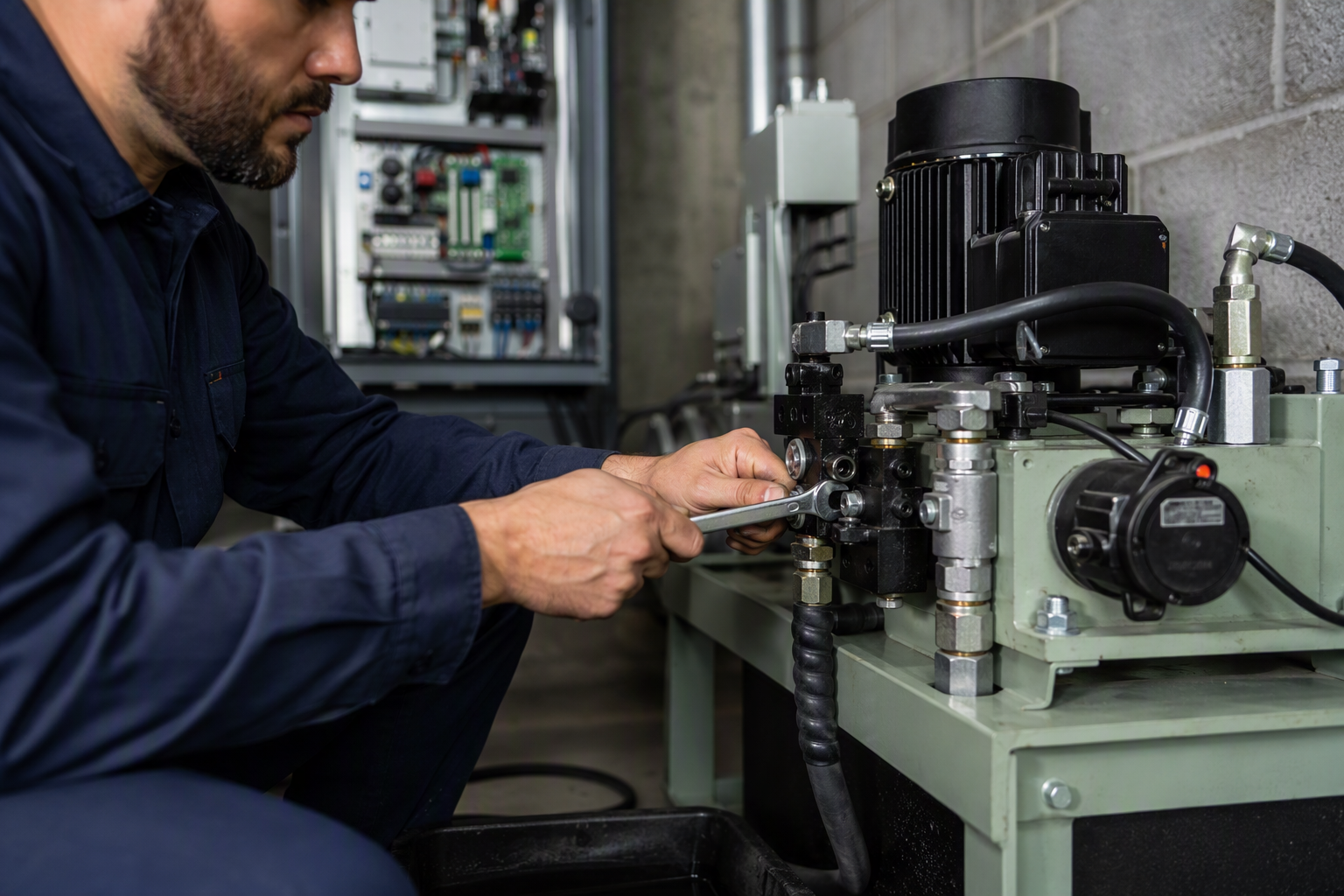 Full Maintenance Contract: Covered Repairs Elevator technician servicing hydraulic power unit components inside a Phoenix commercial building machine room under a full maintenance elevator contract