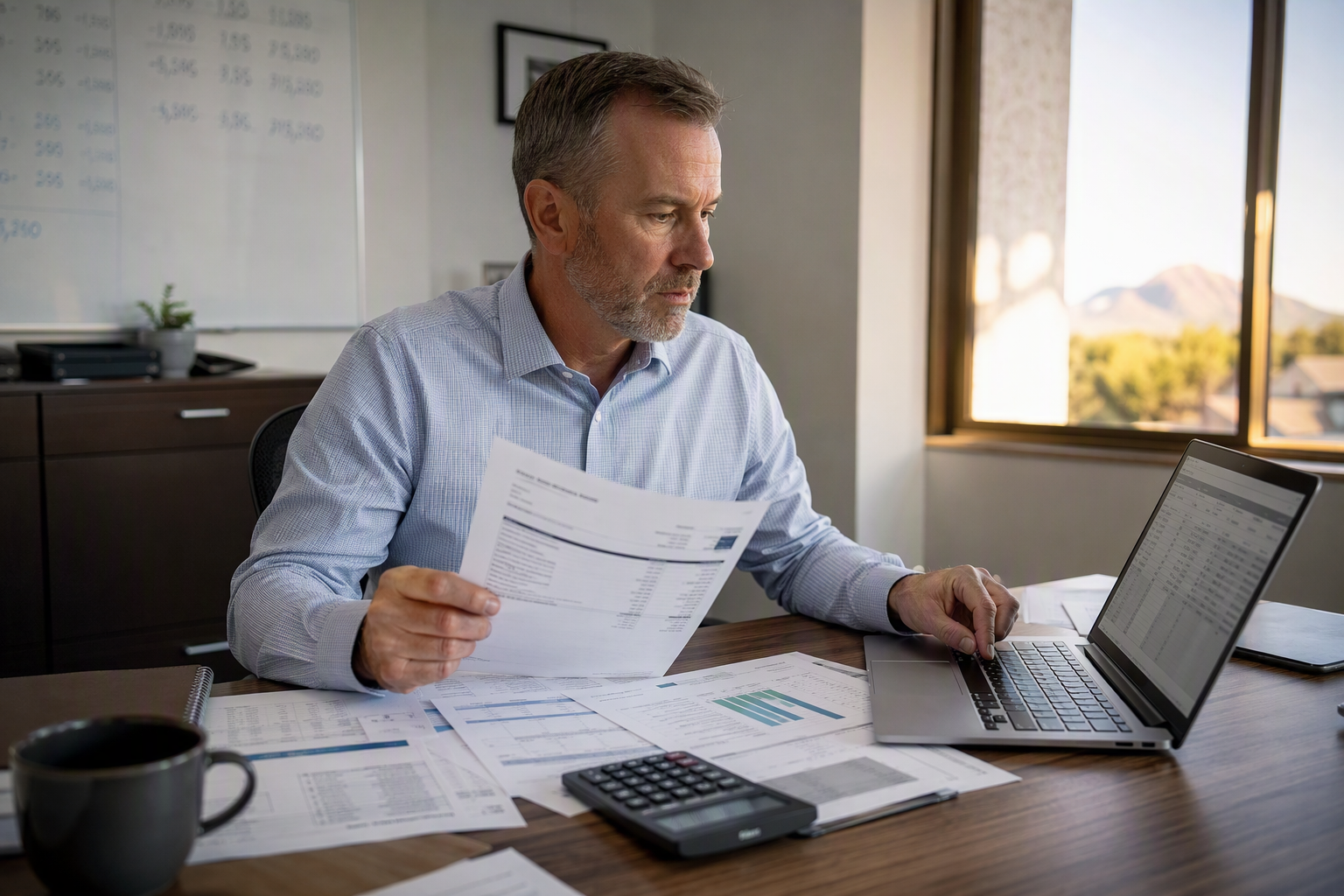Parts and Labor Contract: Cost Risk Review Scottsdale building owner reviewing unexpected elevator repair costs from a parts and labor contract invoice compared to a full maintenance contract budget spreadsheet