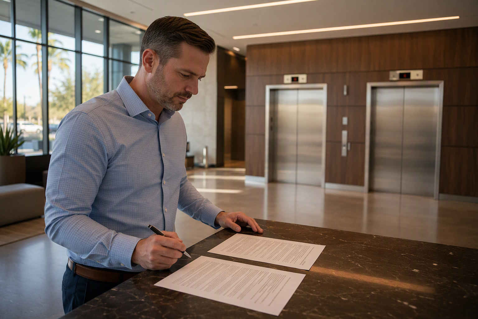 Comparing Elevator Service Contract Types Phoenix property manager comparing a full maintenance elevator contract and a parts and labor elevator contract side by side at a building lobby counter