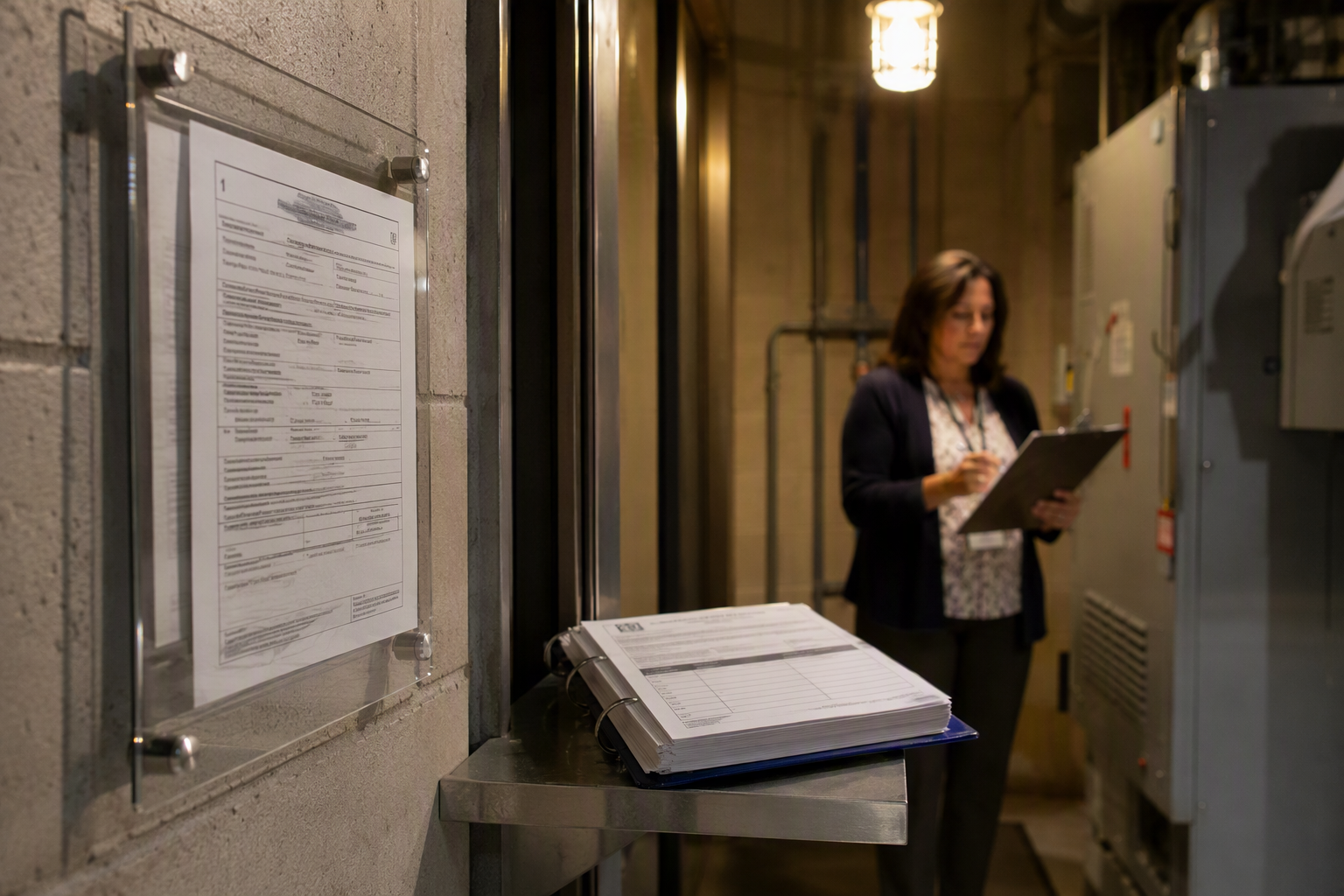 Arizona Elevator Inspection Certification ADOSH elevator inspection certificate and maintenance documentation reviewed by a facility manager in an Arizona hospital, representing code compliance requirements