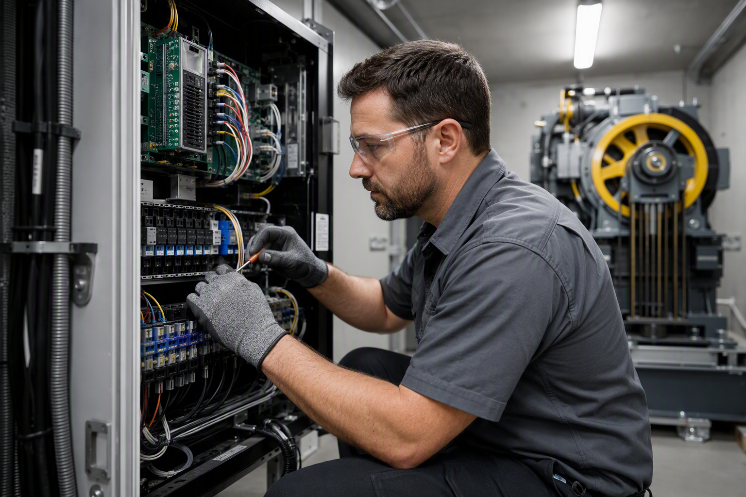 Hospital Elevator Machine Room Maintenance Licensed elevator technician servicing hospital elevator controller in an Arizona healthcare facility machine room during a scheduled maintenance visit