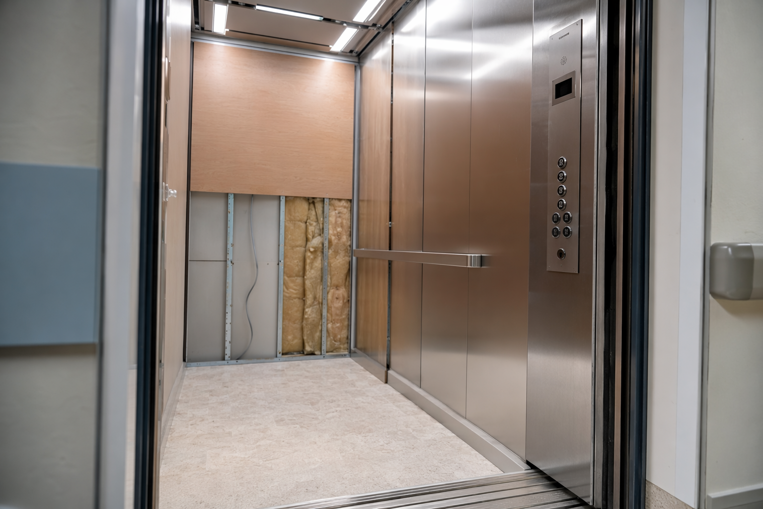 Hospital elevator cab interior mid-modernization in Arizona showing new stainless-steel wall panels, LED lighting, and ADA-compliant control panel with Braille buttons