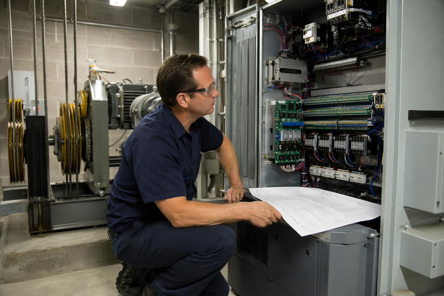 Elevator technician reviewing wiring schematics beside a modern VVVF drive controller in a hospital machine room during an elevator modernization project in Arizona