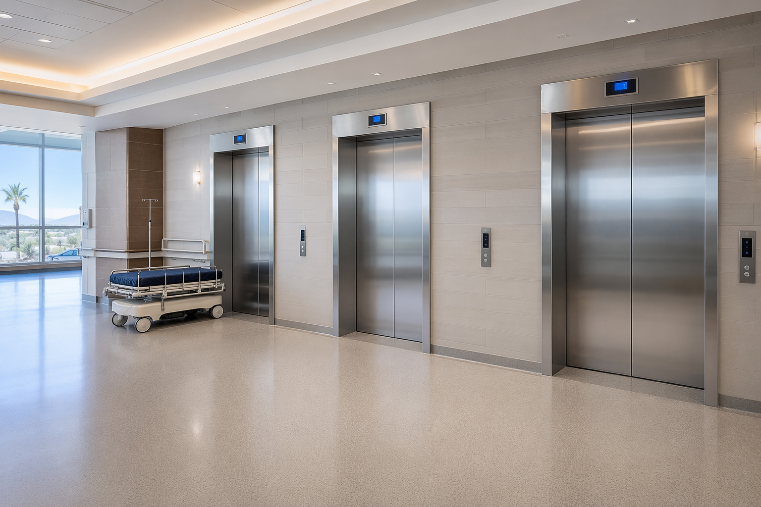 Wide hospital elevator lobby in Phoenix AZ with three modernized stainless-steel elevator doors, ADA-compliant call stations, and a gurney in the corridor