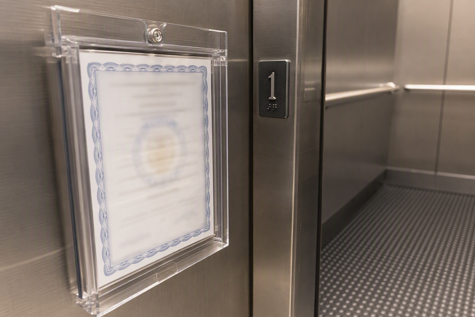 ADOSH Certificate of Operation mounted inside an Arizona healthcare elevator cab beside ADA-compliant Braille tactile signage on stainless steel paneling