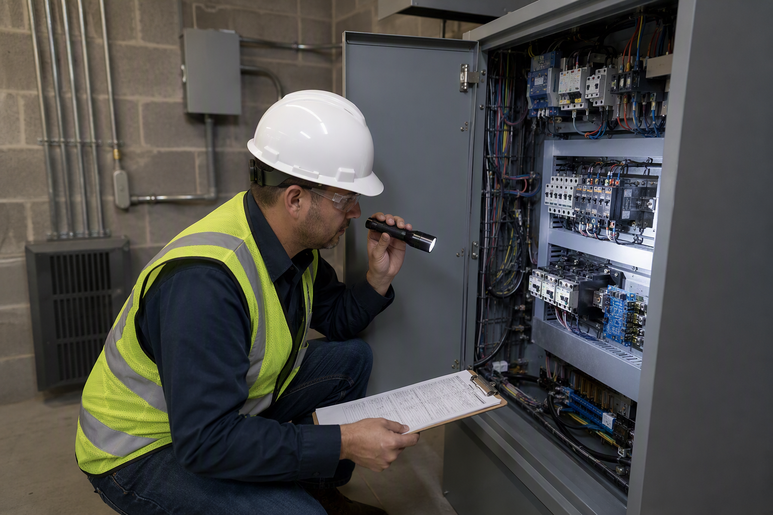 Licensed elevator inspector reviewing machine room controller panel during a periodic inspection at a Mesa Arizona healthcare facility