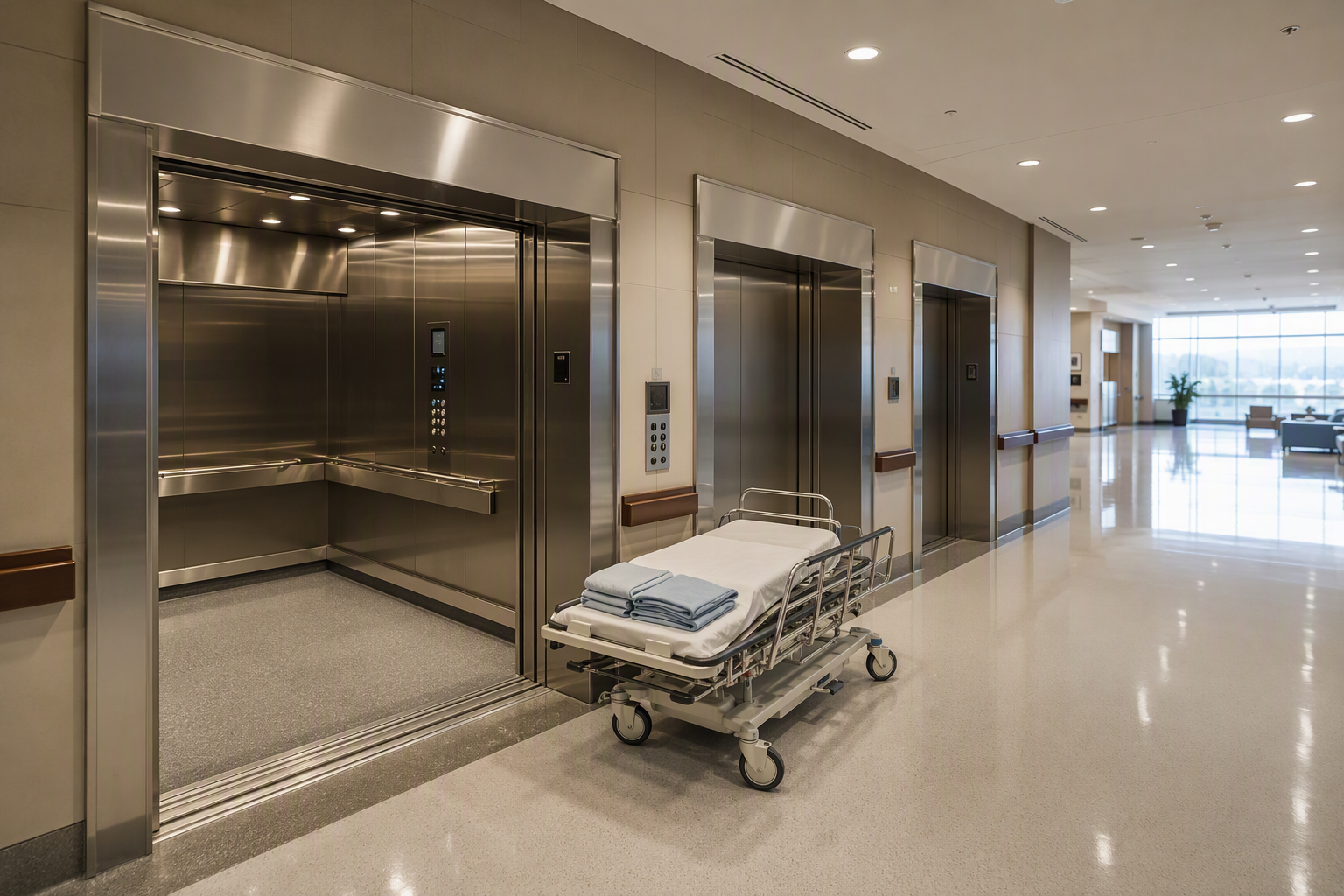 Hospital elevator lobby in Phoenix Arizona showing three ADA-compliant stainless-steel elevator doors with oversized cab interior and accessible control panel