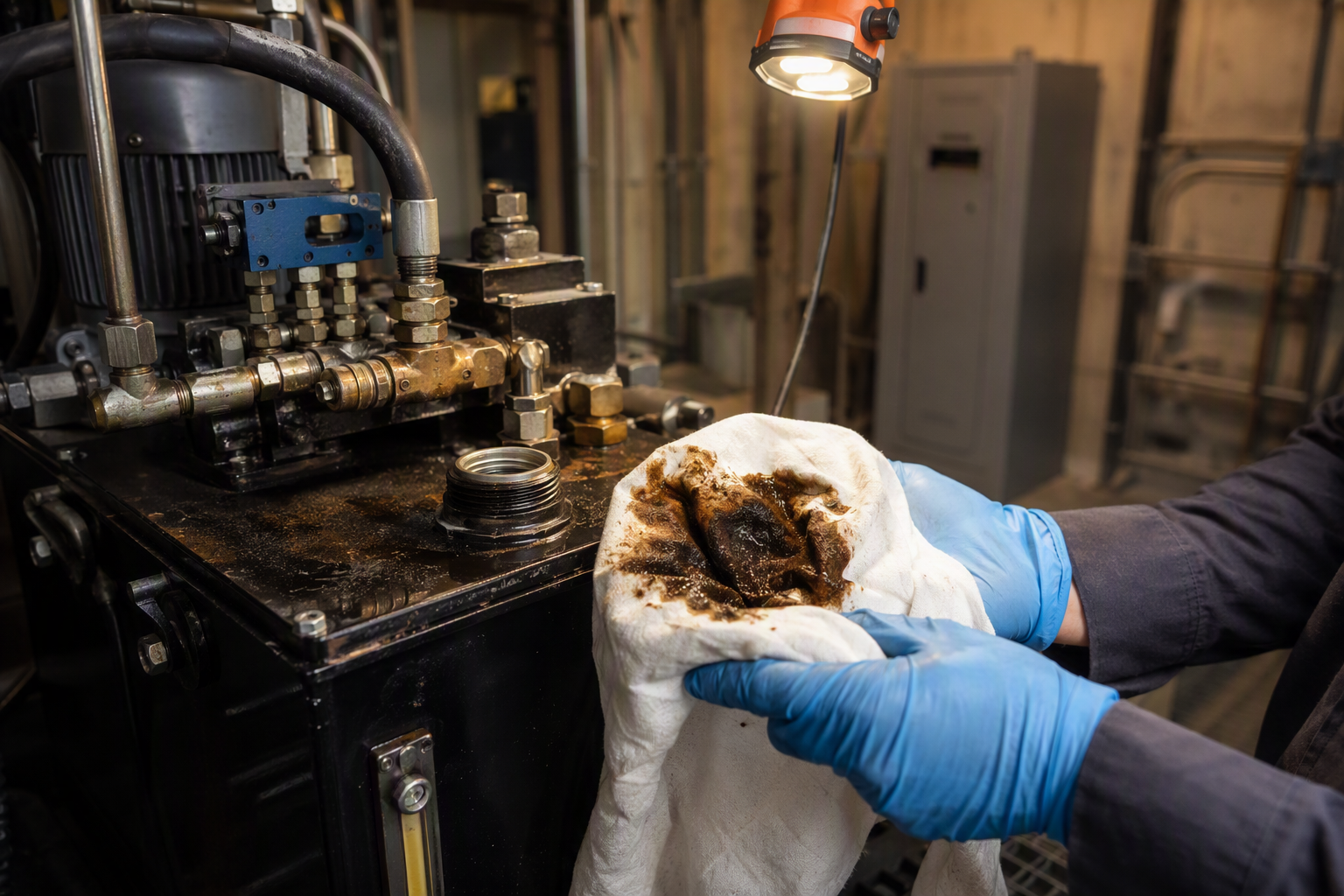 Elevator hydraulic fluid inspection showing heat-degraded oil in a Phoenix Arizona machine room, a key pre-summer maintenance check for hydraulic elevator systems
