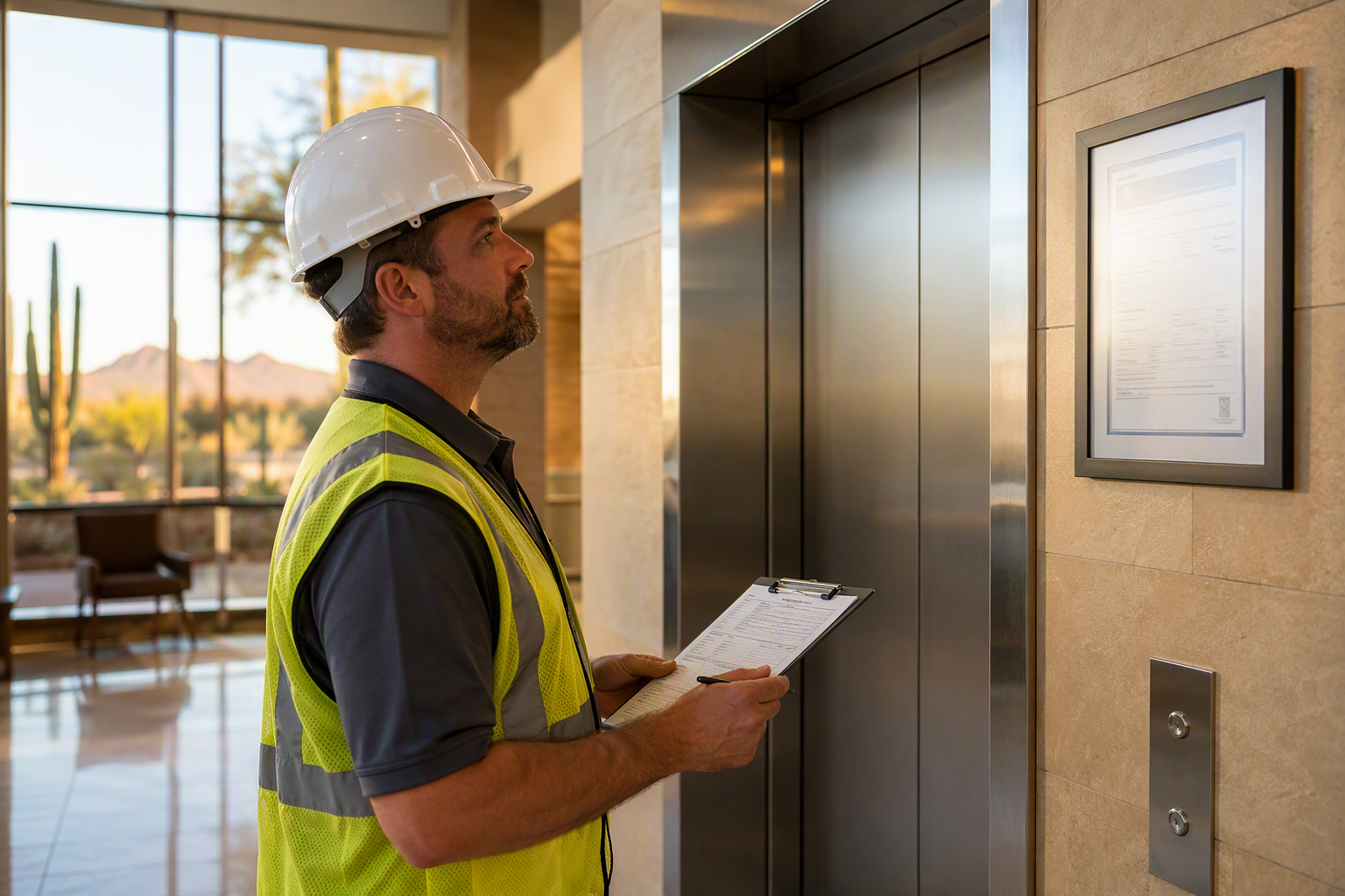 Certified elevator inspector reviewing inspection certificate and compliance documents at a commercial building elevator in Scottsdale AZ before Arizona summer