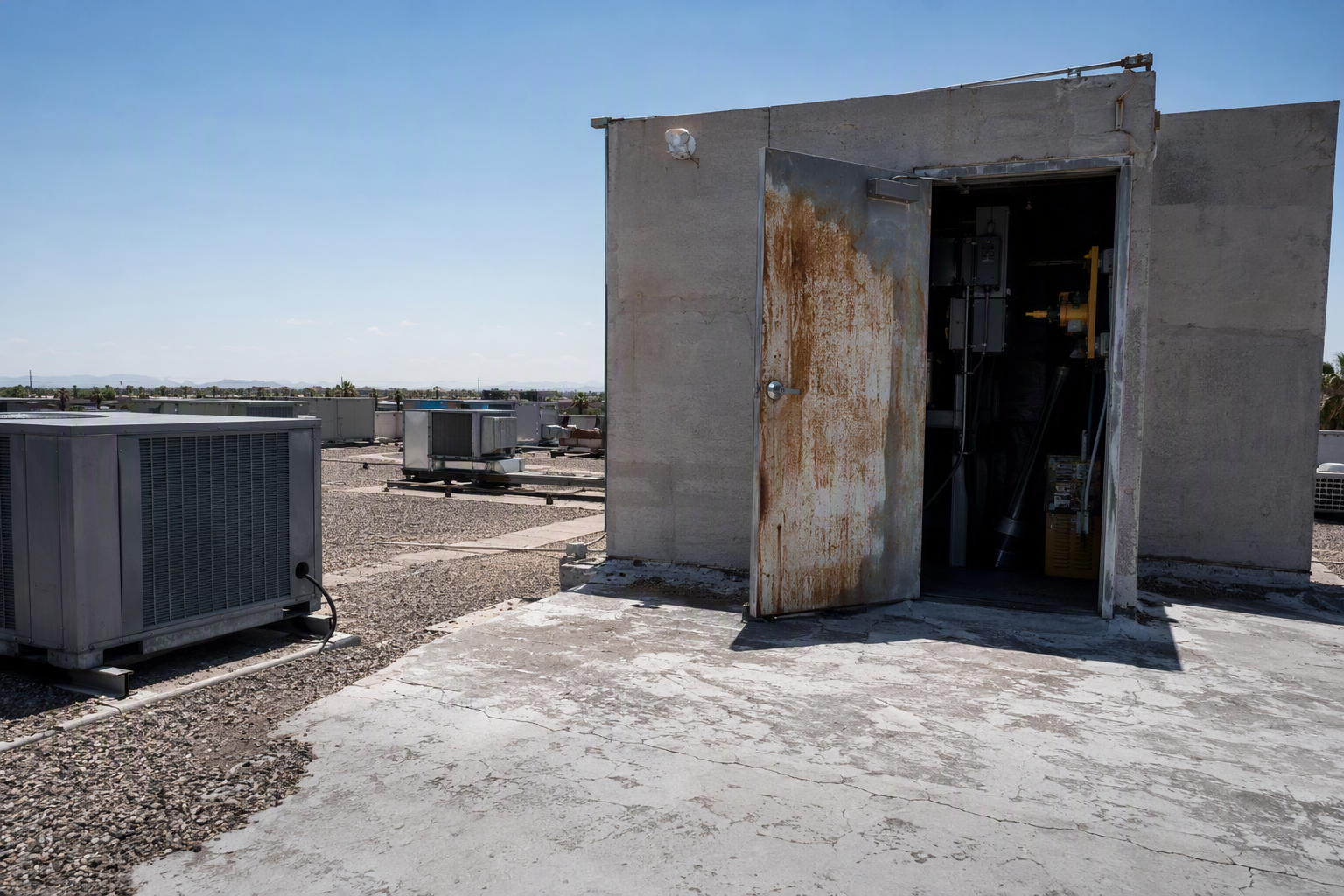 Rooftop elevator machine room on a Phoenix AZ commercial building under intense summer heat, illustrating how extreme Arizona temperatures stress elevator components