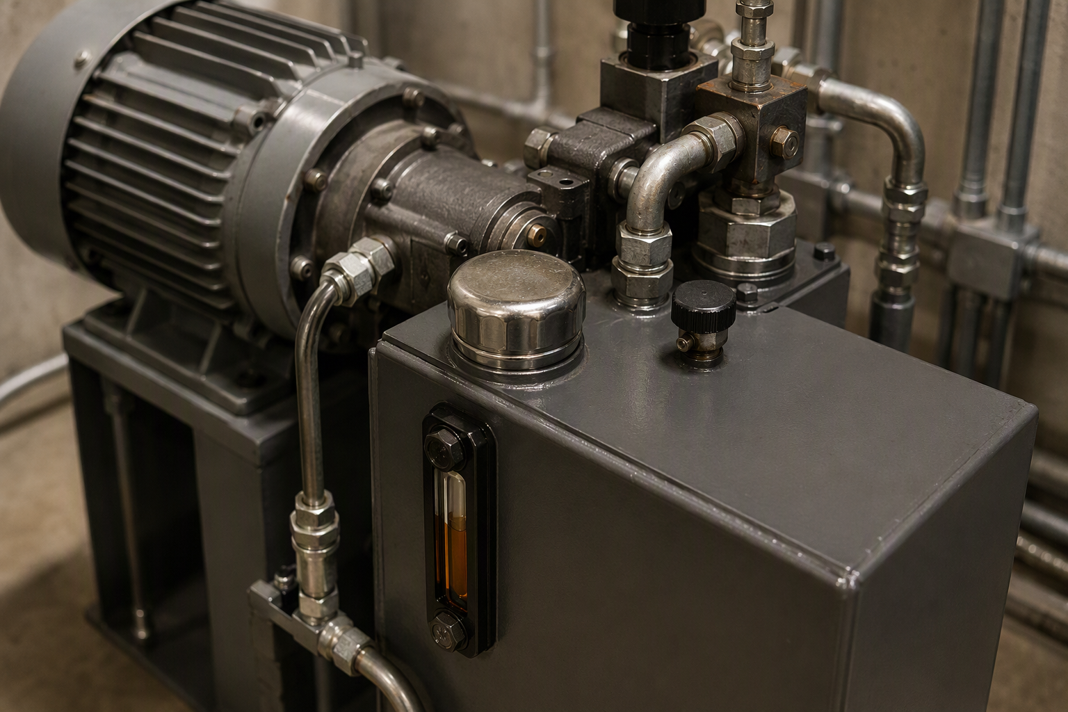 Close-up of hydraulic elevator fluid reservoir and pump unit showing viscosity monitoring point, a critical maintenance check for Arizona summer heat protection