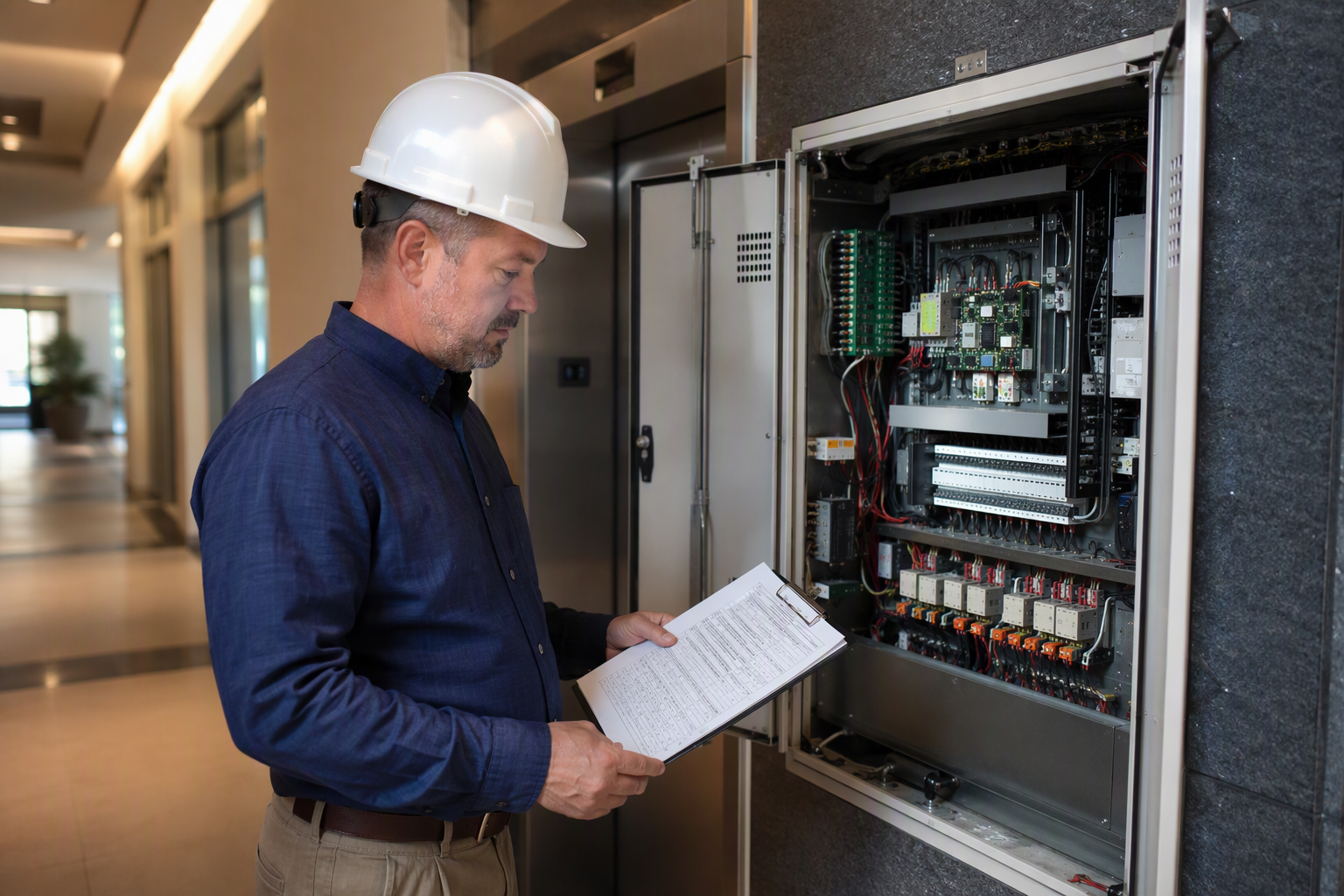 Elevator inspector reviewing compliance checklist beside an open controller cabinet in a Scottsdale AZ building, representing Arizona elevator code and summer maintenance requirements