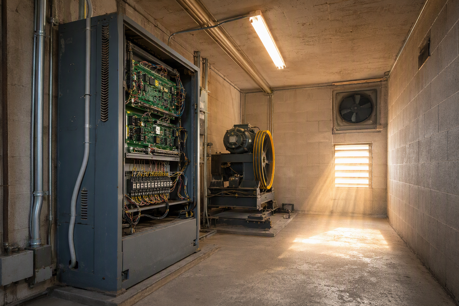 Elevator machine room in Phoenix AZ showing traction controller and motor assembly during extreme summer heat, illustrating common Arizona elevator failure risks