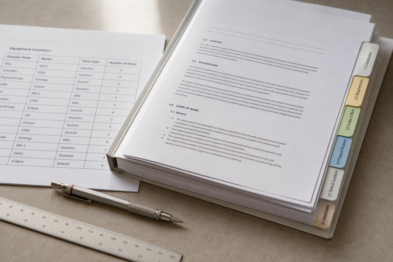 Elevator maintenance scope of work RFP document package showing equipment inventory sheet and contract sections on a facility manager's desk in Arizona