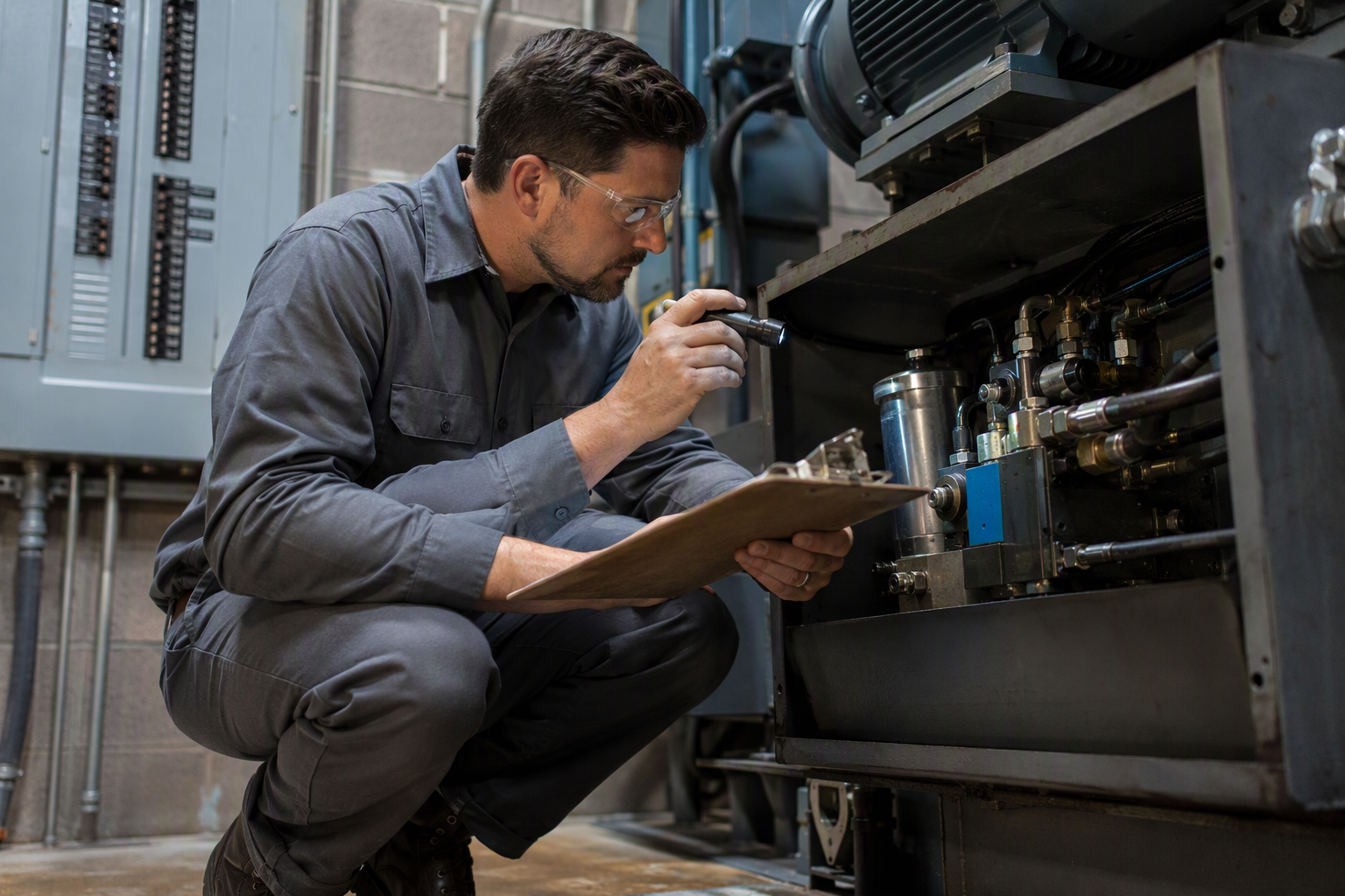 Elevator technician inspecting a hydraulic power unit in a commercial machine room while reviewing a maintenance checklist during a contractor bid site visit in Scottsdale AZ