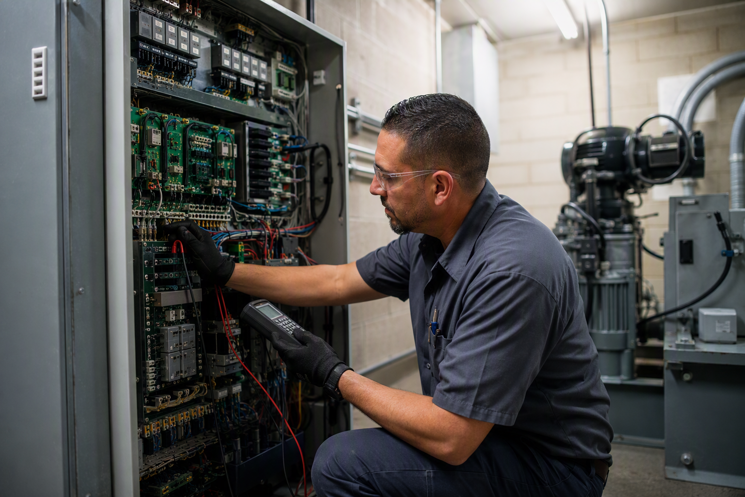 Elevator technician inspecting controller cabinet in a commercial machine room, evaluating equipment condition as part of an independent elevator service company assessment in Arizona.