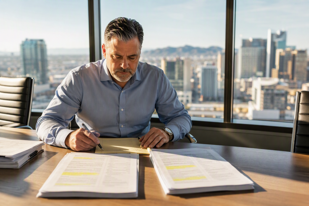 Arizona building owner comparing elevator service company contracts at a conference table before signing, reviewing key questions and terms in a Phoenix office.