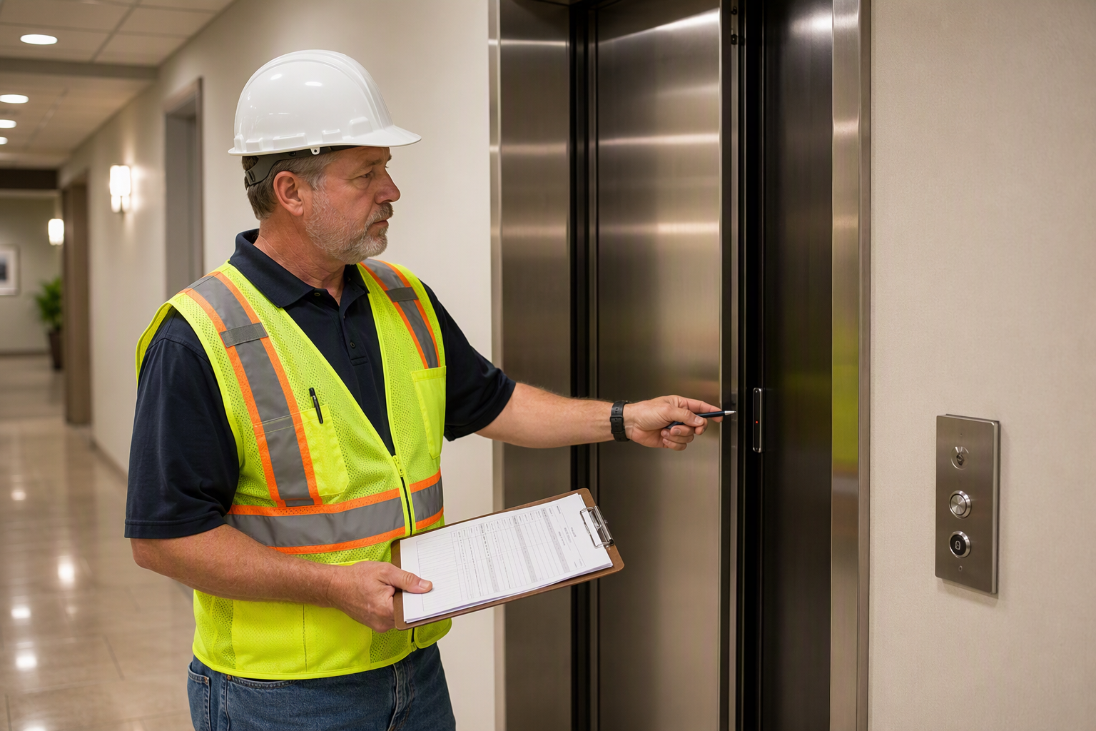 Elevator inspector reviewing inspection checklist and door safety sensor compliance at a commercial building in the Phoenix Arizona metro area.