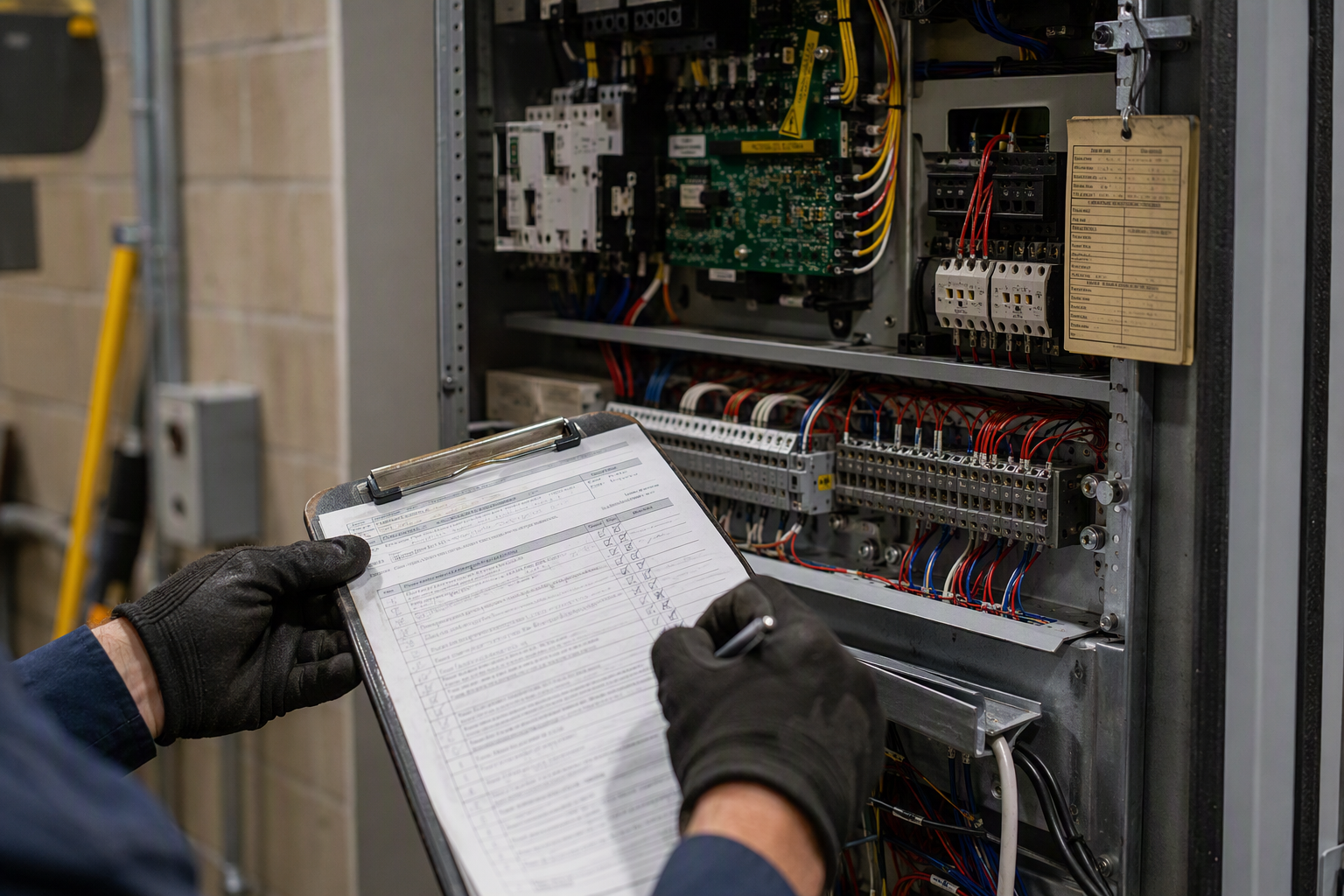 Elevator technician reviewing ASME A17.1 inspection checklist next to a machine room controller panel during an Arizona elevator compliance evaluation