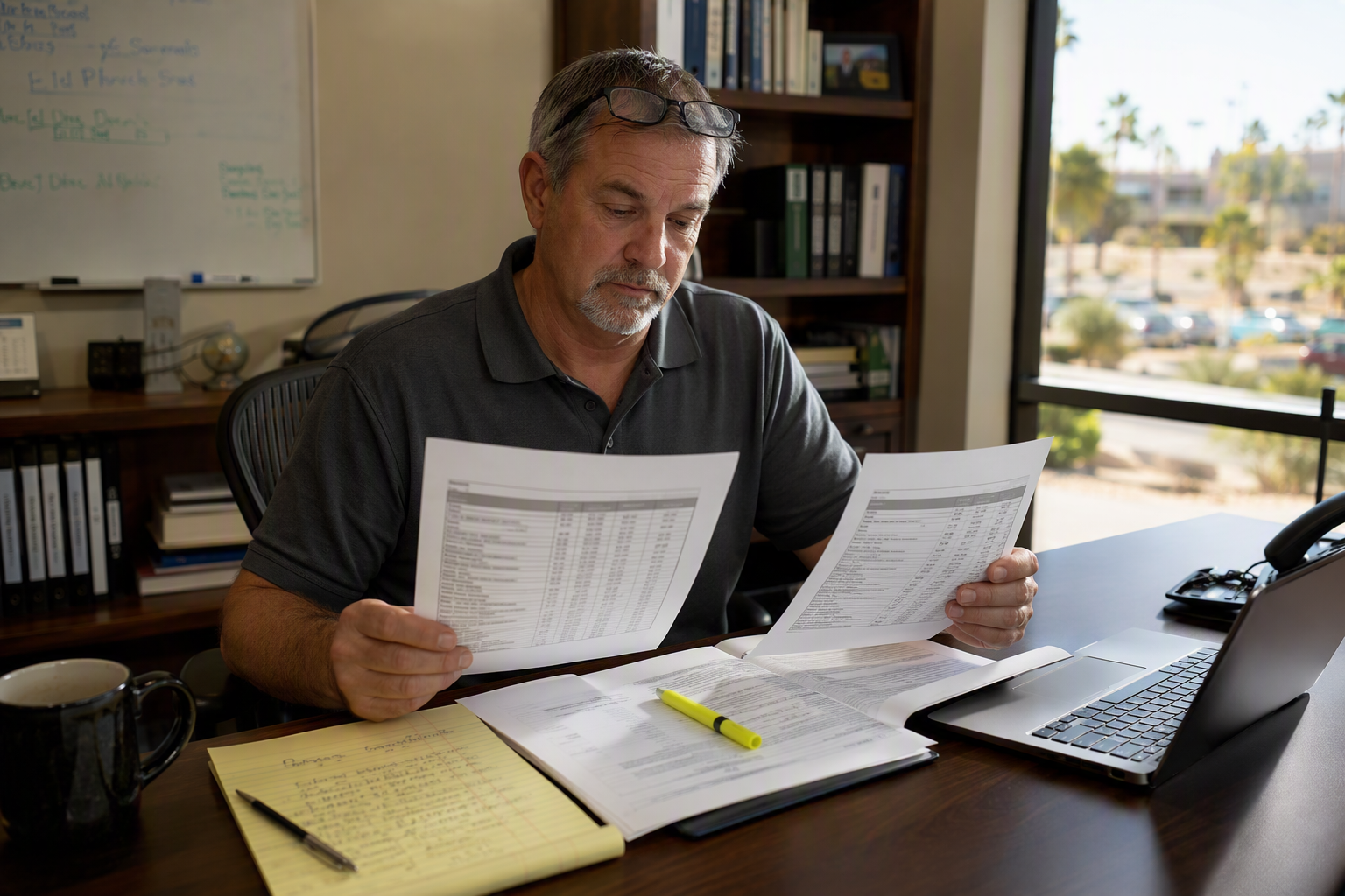 Facilities manager comparing elevator maintenance contract proposals side by side to evaluate transparency and pricing from competing elevator service companies in Arizona