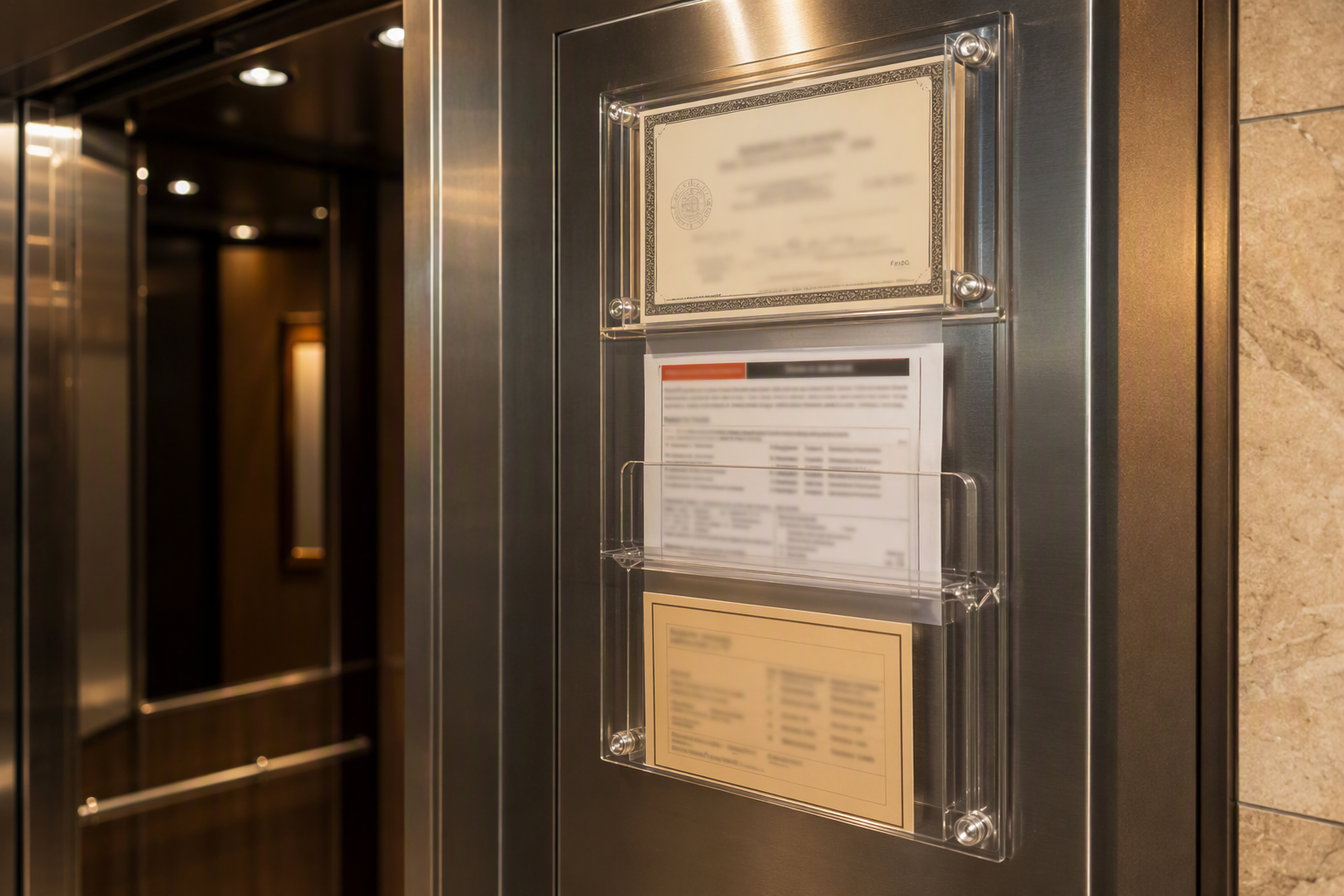 Required elevator inspection postings including certificate of operation and emergency contact information displayed inside a commercial elevator cab in Scottsdale Arizona