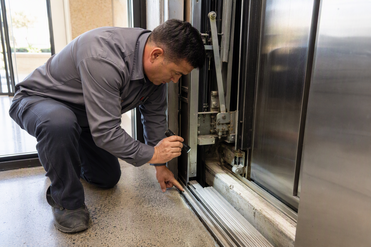 Licensed elevator mechanic performing a pre-inspection safety check on elevator door operator and sill components at a commercial building in Mesa Arizona