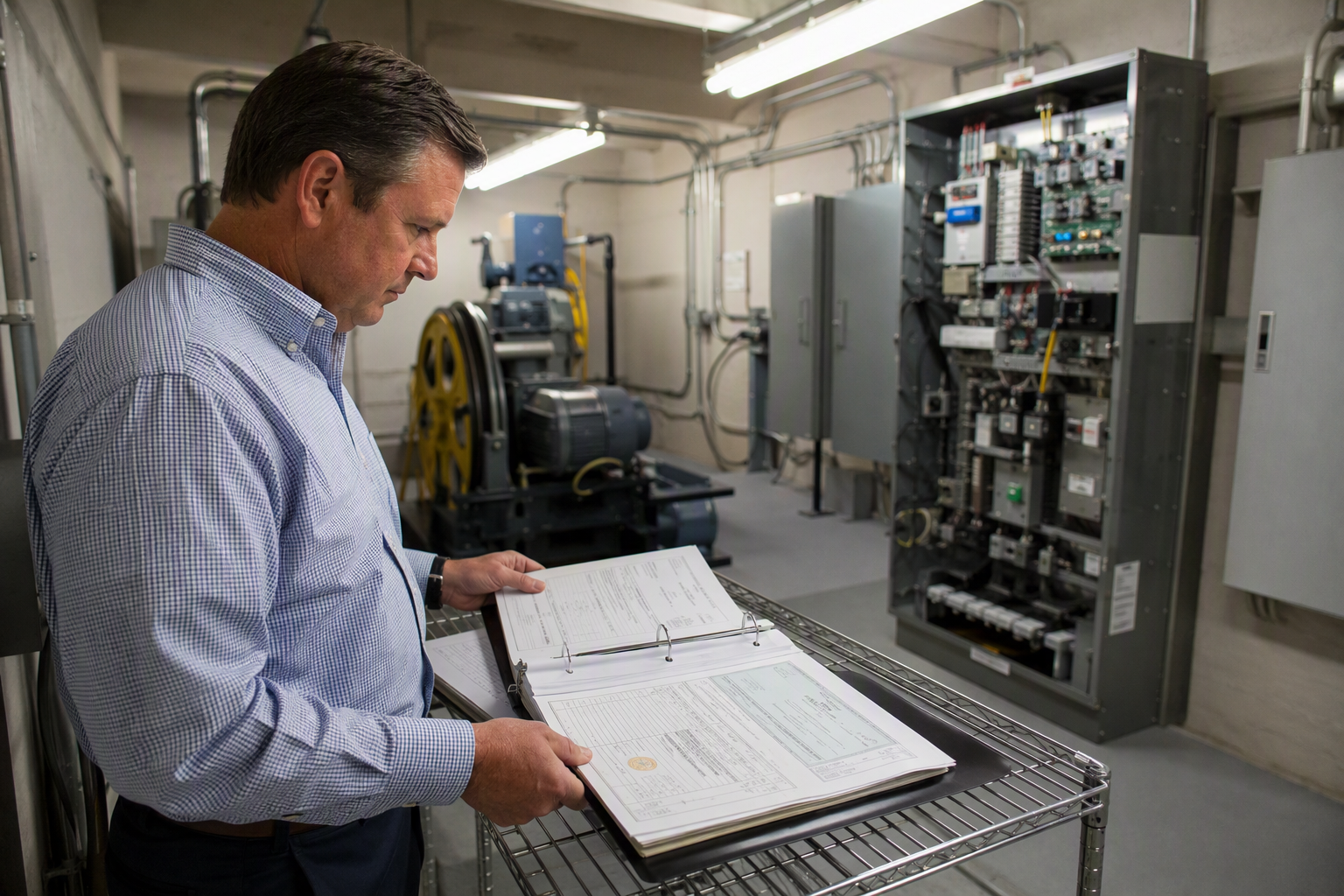Building manager reviewing Arizona elevator inspection documentation including maintenance logs and certificate of operation in a commercial elevator machine room in Phoenix AZ
