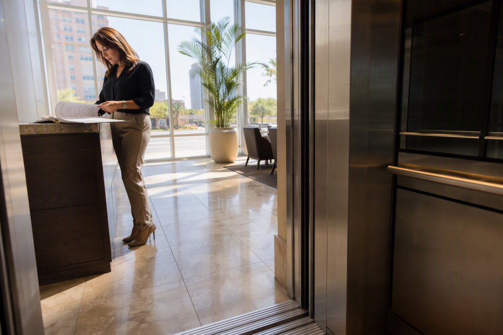 Building property manager in Phoenix AZ reviewing an elevator service log binder to verify maintenance work billed by their elevator service company