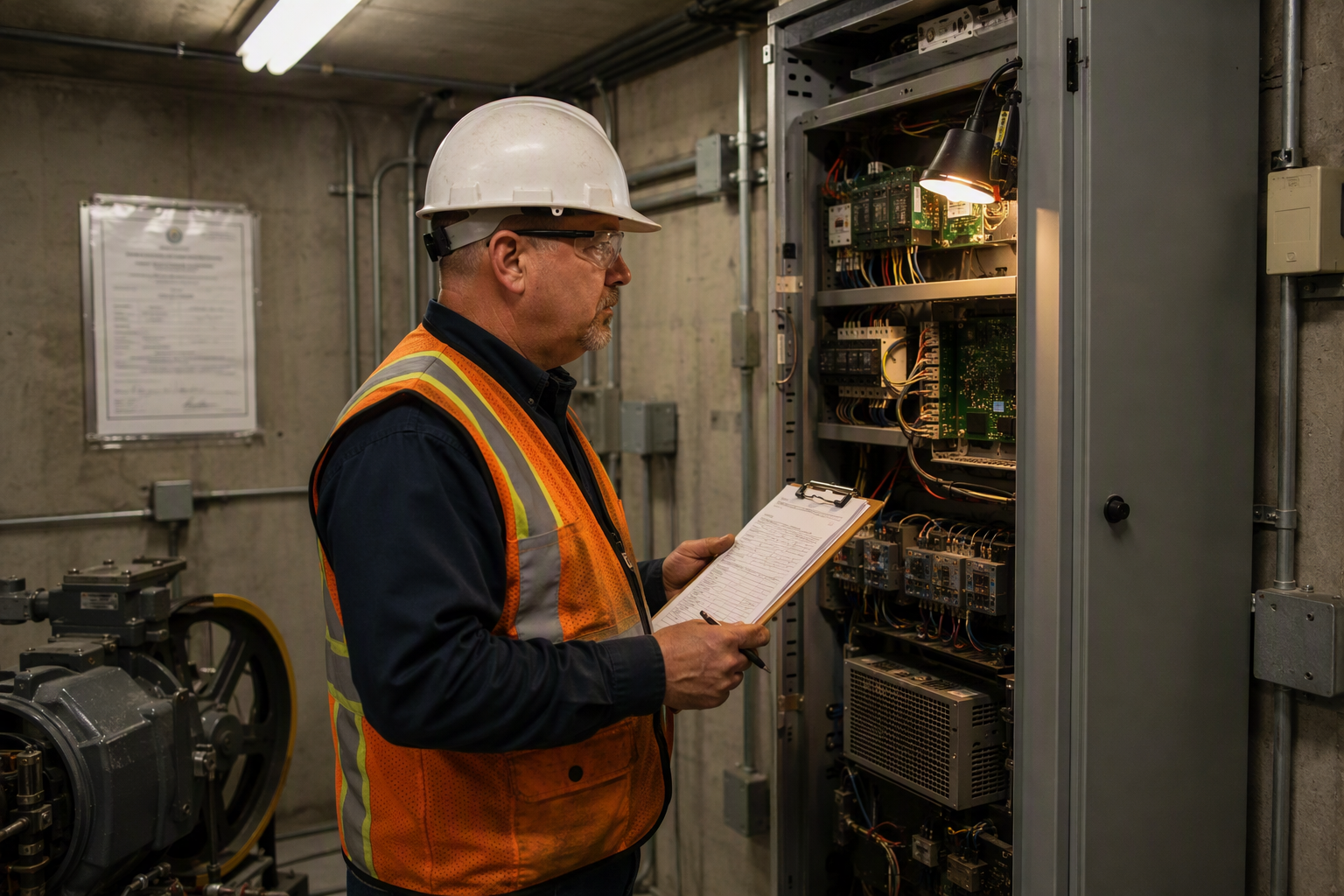 Arizona Elevator Inspection Verification Licensed elevator inspector reviewing controller panel and state inspection certificate in a Mesa AZ machine room to verify ADOSH compliance requirements are met