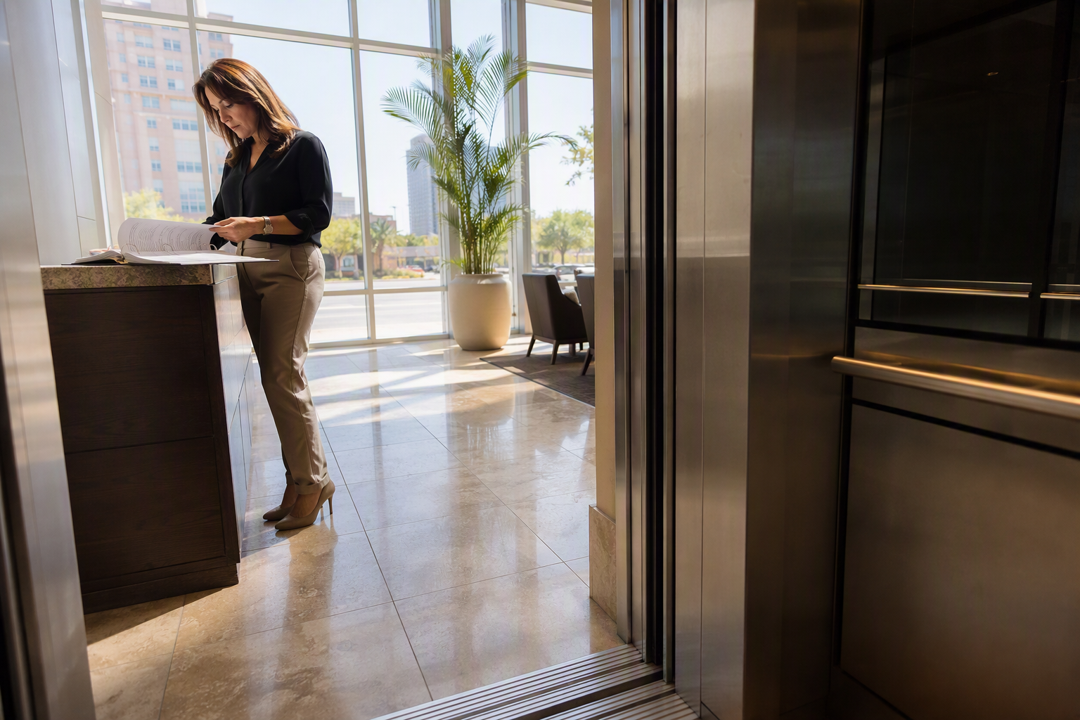 Reviewing Elevator Service Logs Building property manager in Phoenix AZ reviewing an elevator service log binder to verify maintenance work billed by their elevator service company