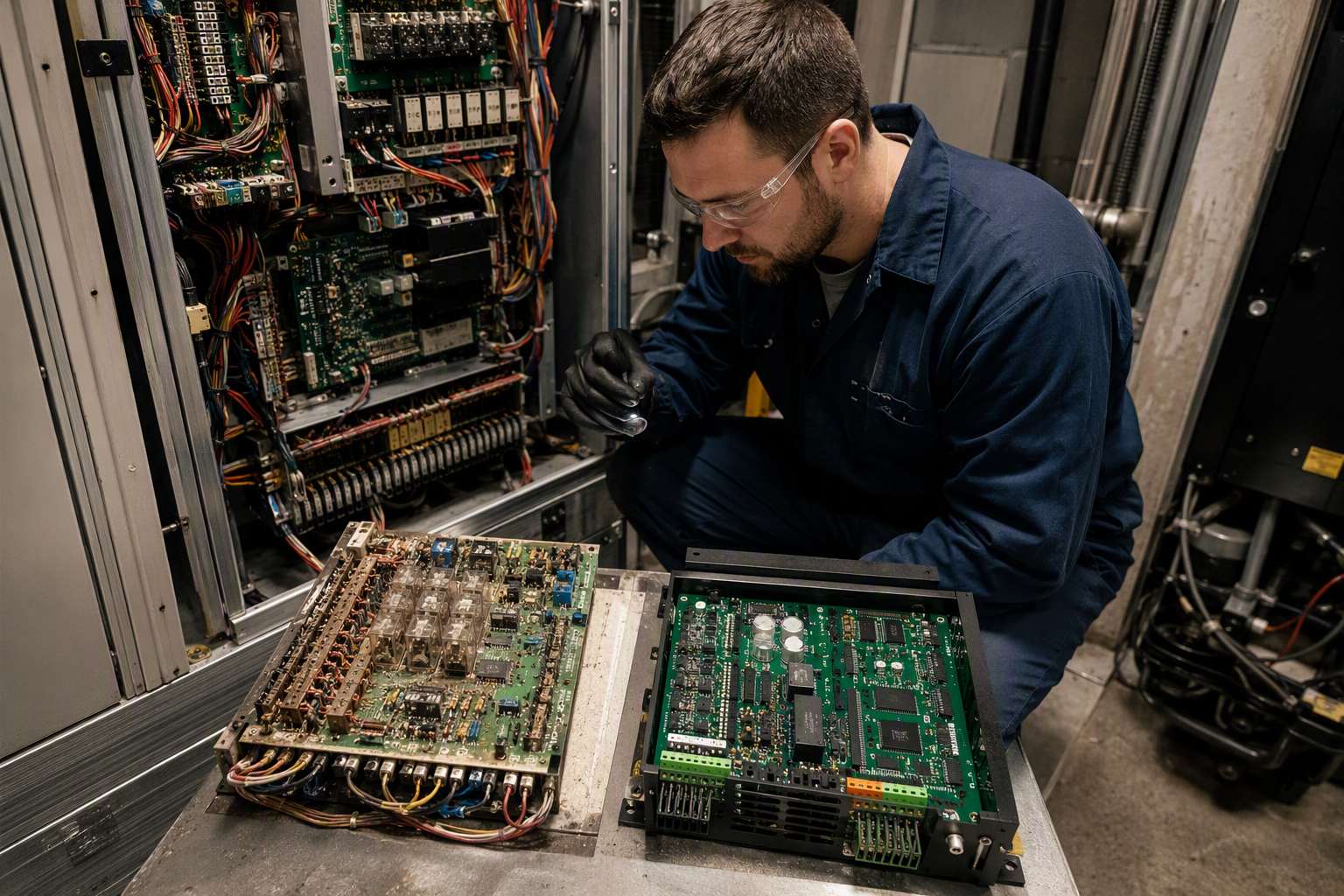 Elevator technician comparing an aging relay-logic controller to a new solid-state replacement unit during a targeted repair versus full modernization scope evaluation