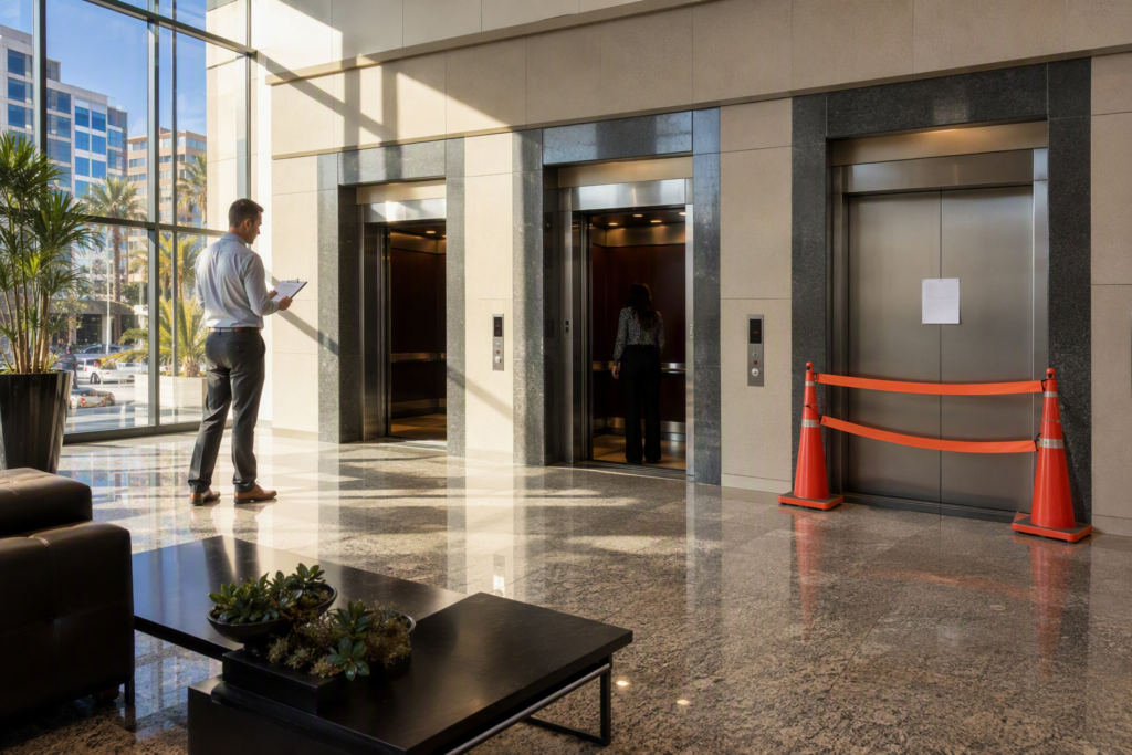 Building manager reviewing an elevator modernization project schedule in a Phoenix AZ commercial lobby with one elevator out of service and two operational, minimizing downtime