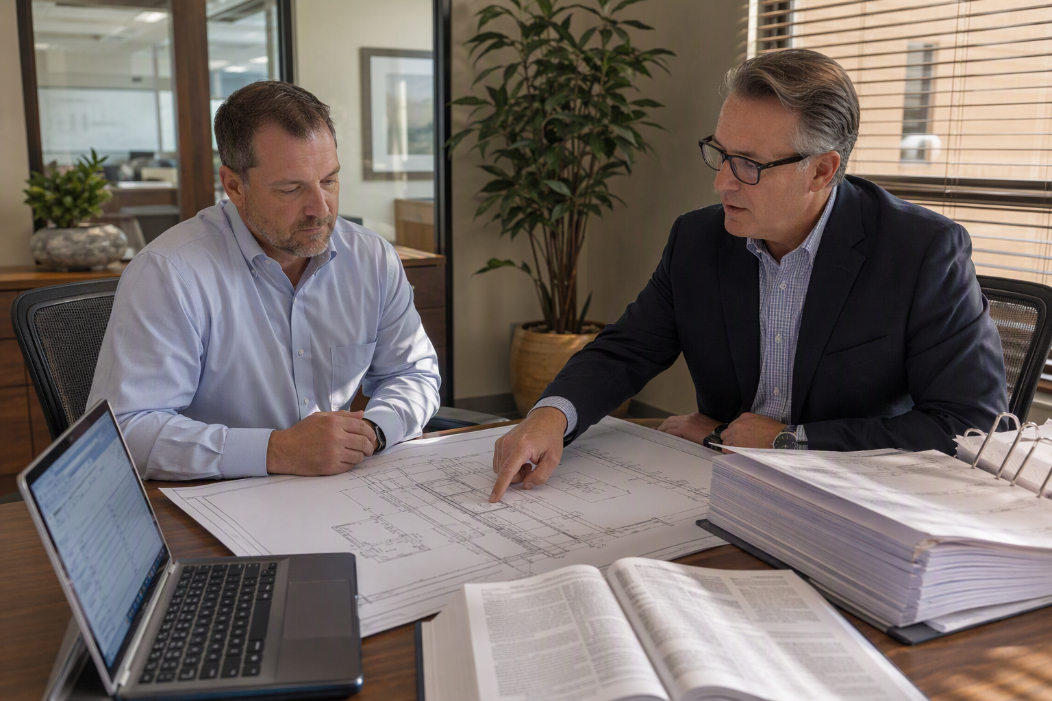 Facilities manager and elevator compliance consultant reviewing Arizona ASME A17.3 code requirements and permit drawings for an elevator modernization project in Scottsdale AZ